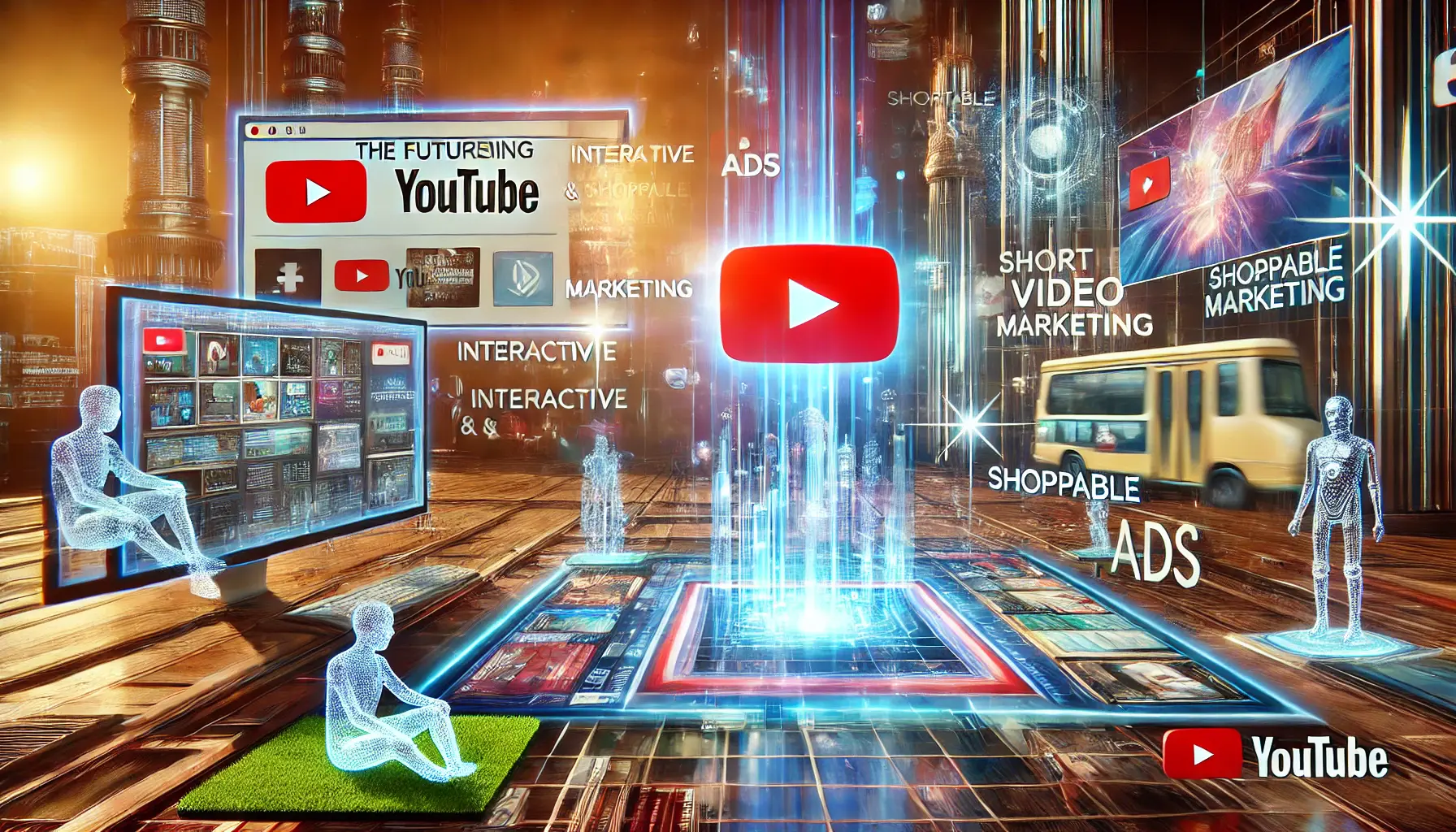 A futuristic digital setup showing advanced ad formats like interactive and shoppable ads, along with AI and short-form video integration.