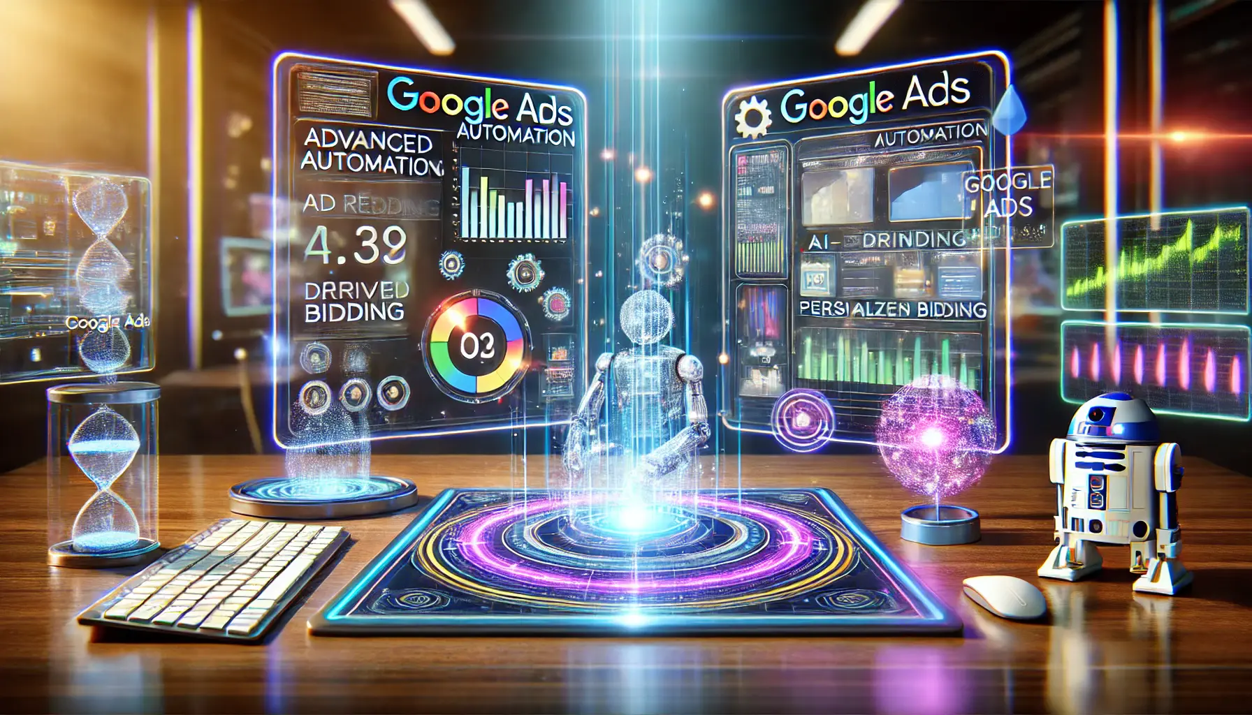 A futuristic digital workspace with a Google Ads dashboard featuring AI-driven tools and holographic data streams.