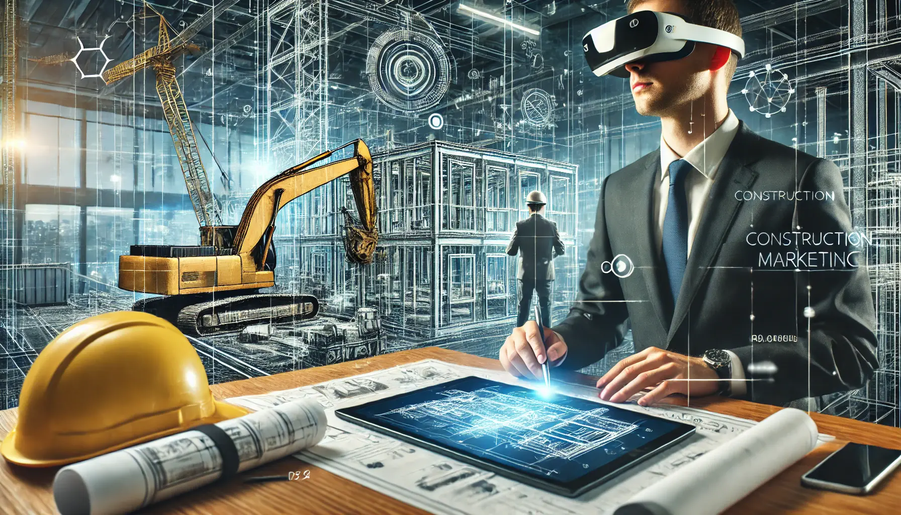 Digital marketer using augmented reality (AR) glasses to analyze data and construction plans, with a futuristic construction site and modern equipment in the background.