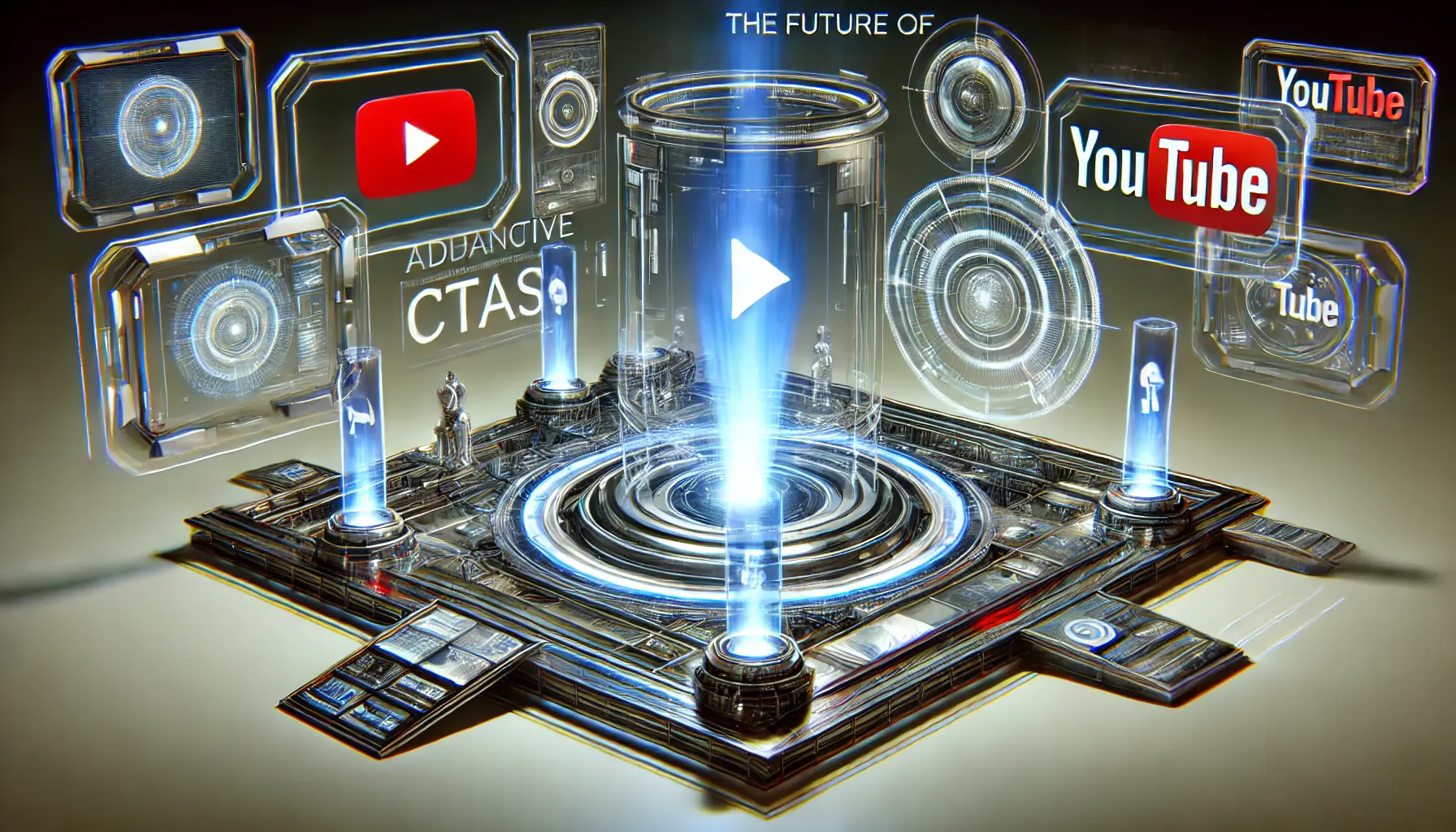 A futuristic digital environment featuring interactive call-to-action elements like dynamic buttons, holographic interfaces, and augmented reality.