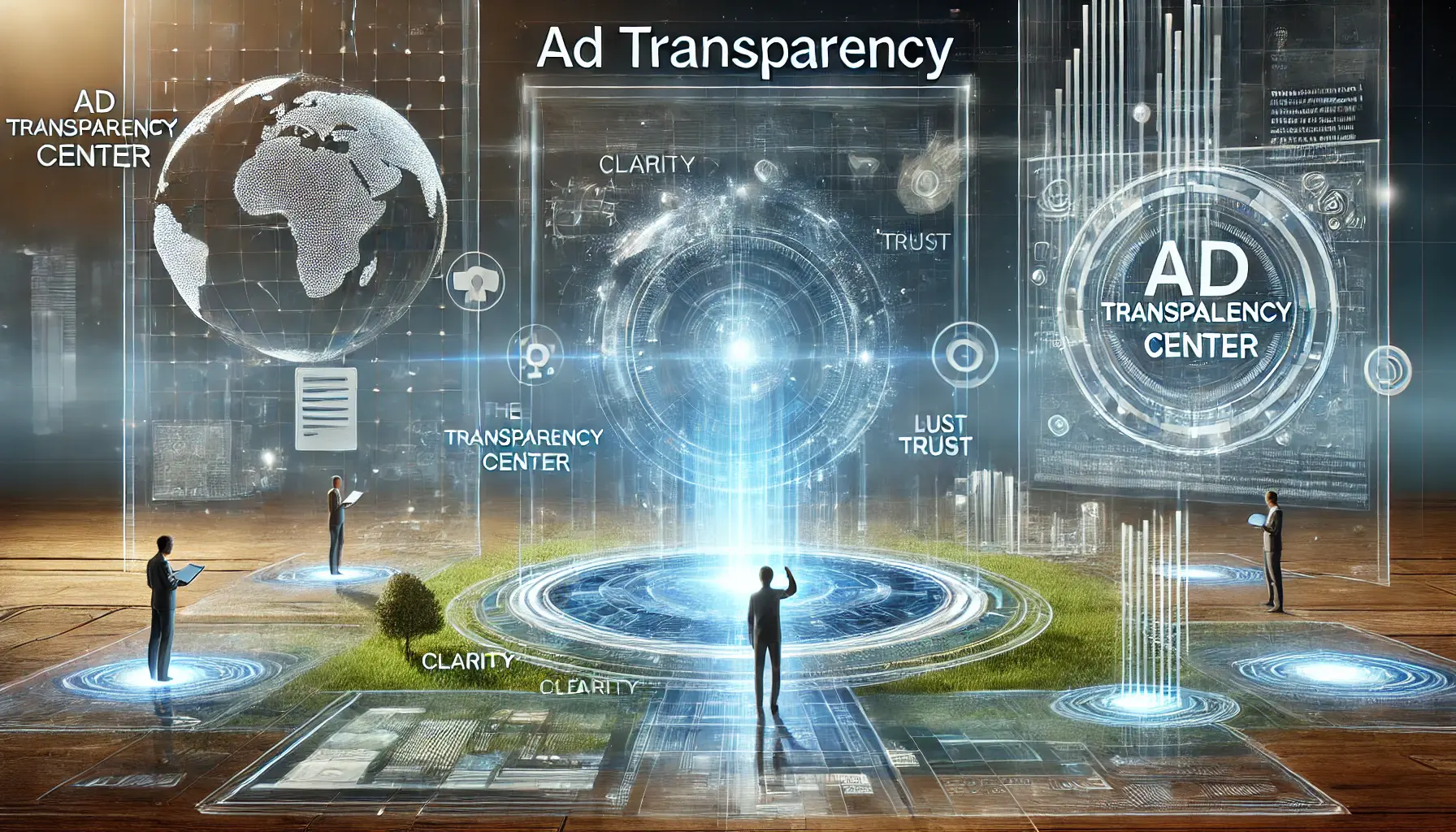 A conceptual visualization of the future of digital advertising, featuring advanced technology elements, glowing data streams, and interconnected networks symbolizing ad transparency.