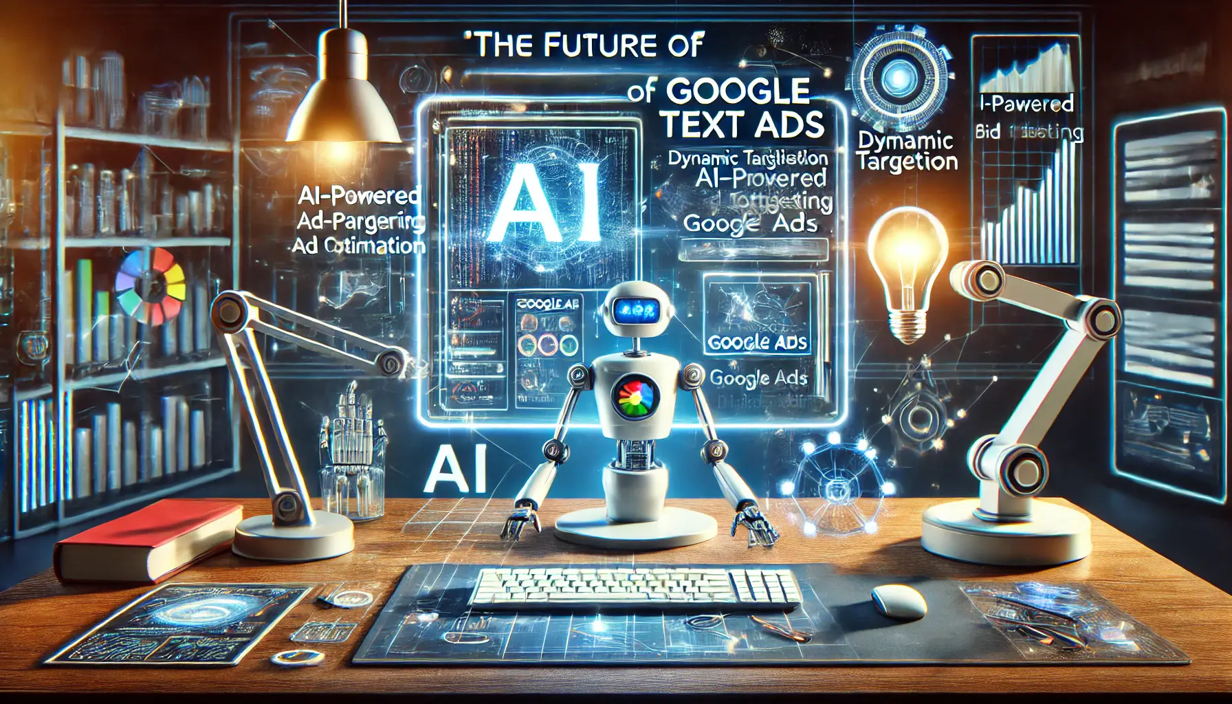 A futuristic workspace with a computer displaying an advanced version of Google Ads, surrounded by symbols of future technologies like a holographic display and robotic arm.