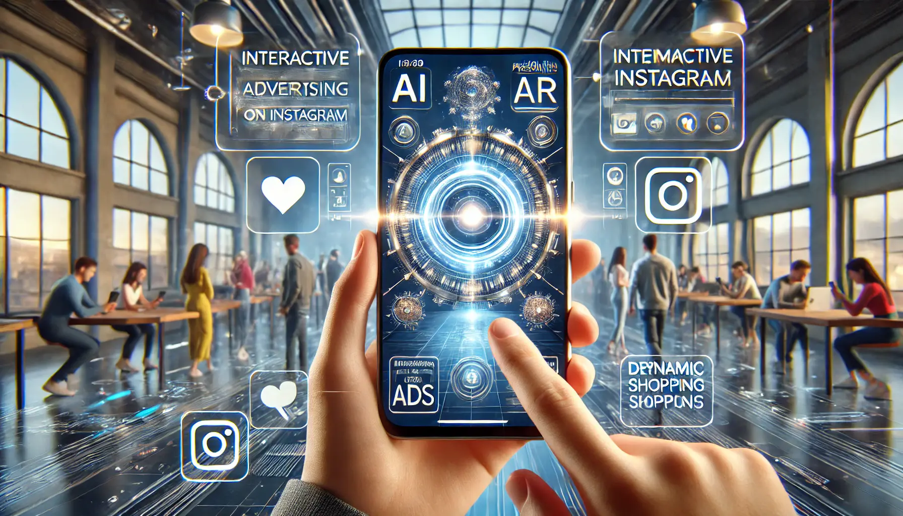 A futuristic digital marketing concept showcasing the evolution of interactive Instagram ads, featuring AI-powered content, personalized AR filters, and dynamic shopping options.