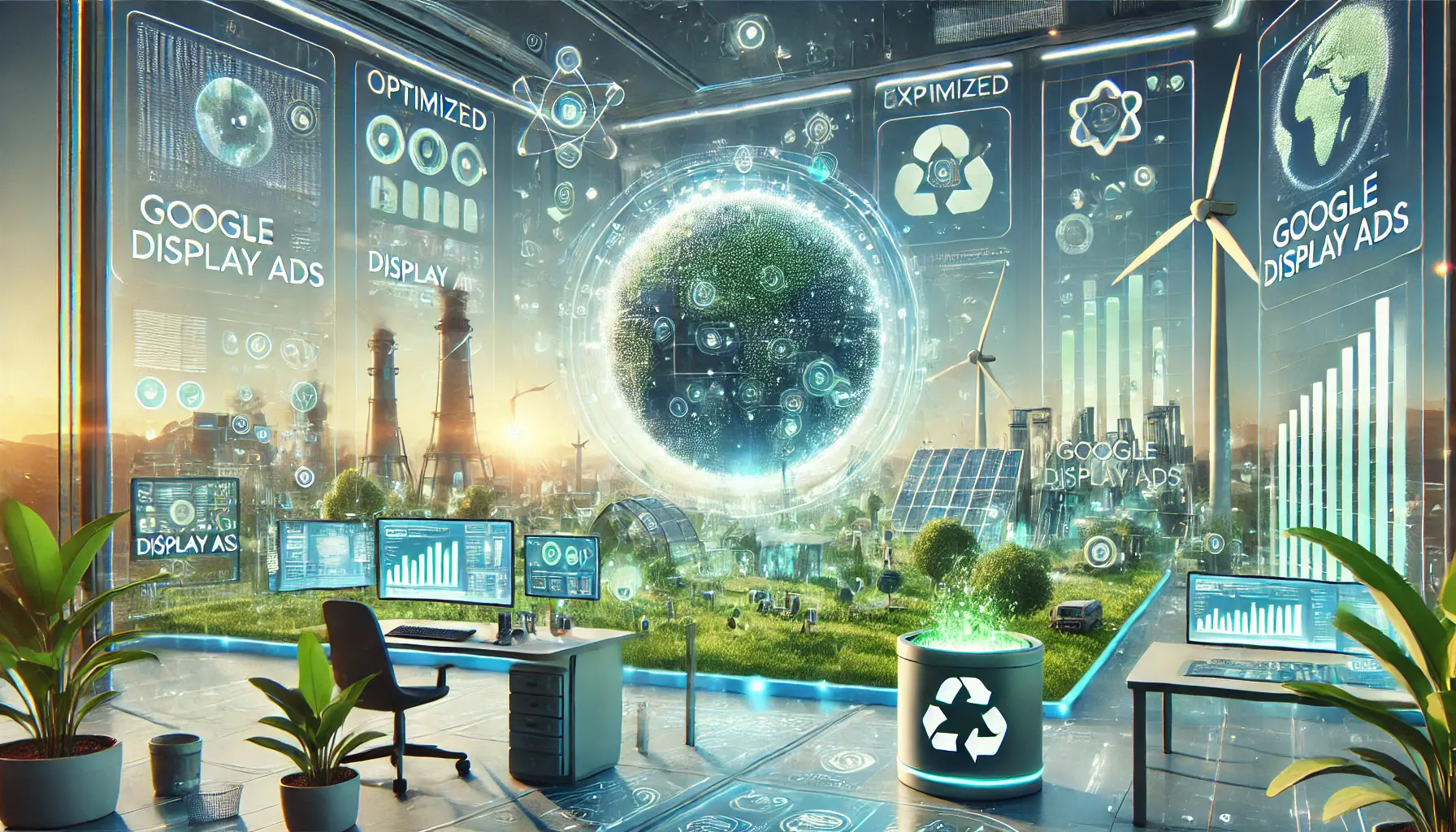 Illustration of a futuristic digital workspace showing optimized, eco-friendly Google Display Ads, with advanced technologies and renewable energy sources like solar panels and wind turbines.