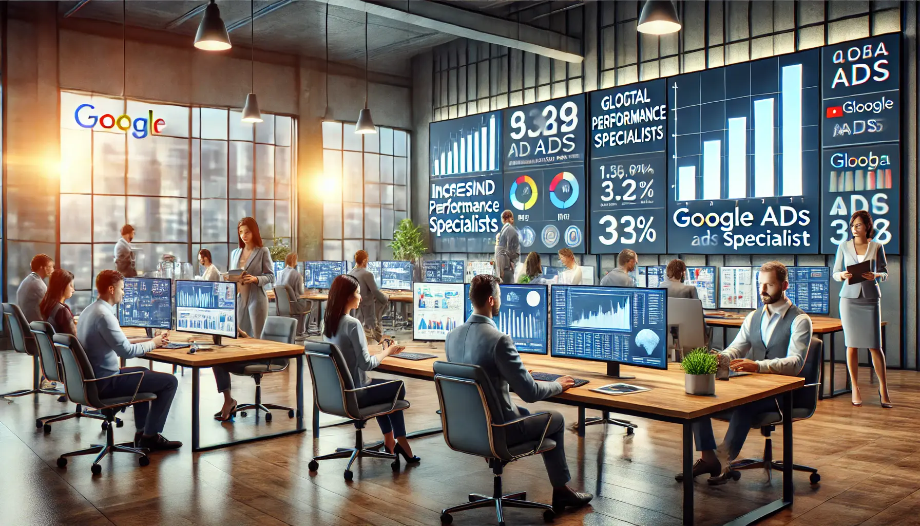 A vibrant office setting with professionals analyzing ad performance metrics on multiple screens, showcasing the rising demand for Google Ads expertise.