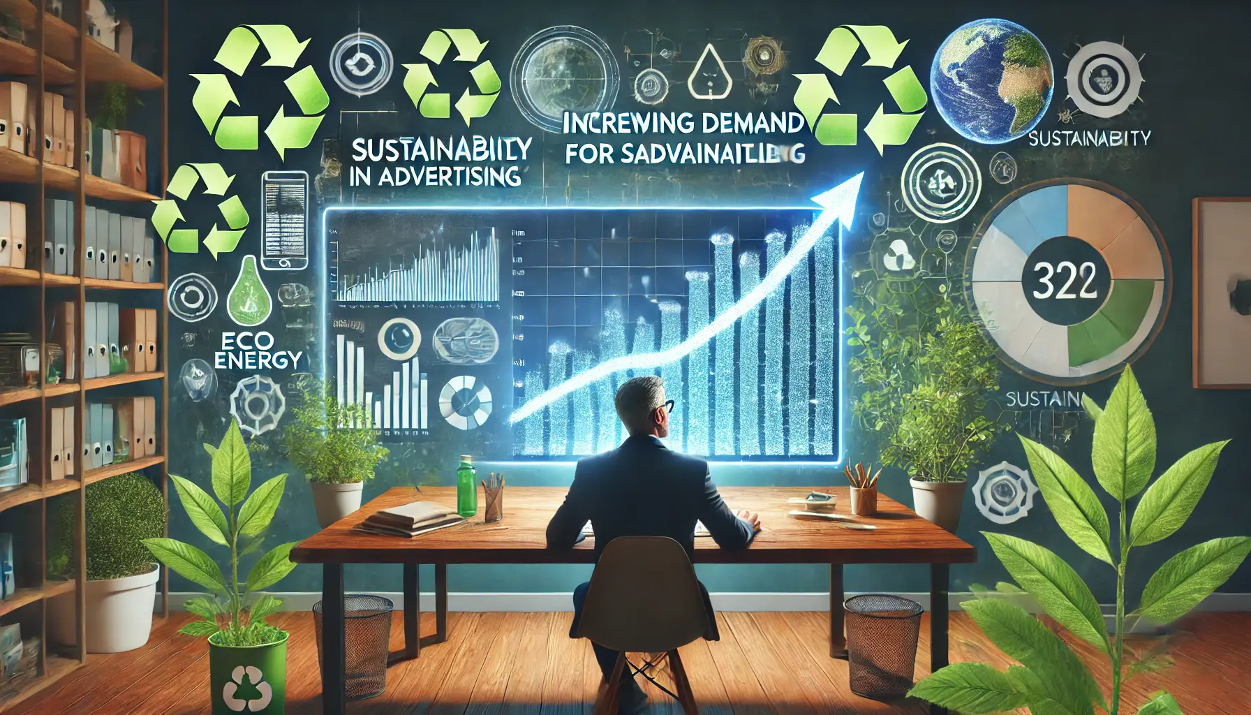 A digital workspace where a person is analyzing data on a screen showing the growing demand for sustainable advertising, with eco-friendly symbols like recycling and green energy sources.