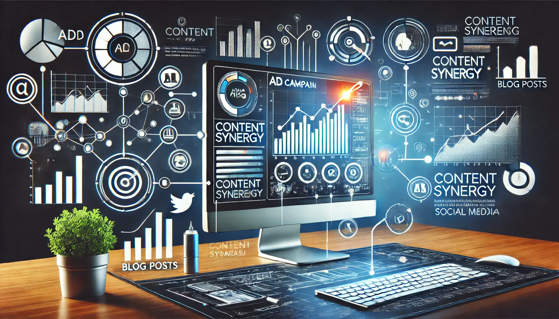 A digital marketing dashboard showing performance metrics, graphs, and arrows connecting content elements like ads and blog posts, illustrating the impact of content synergy.