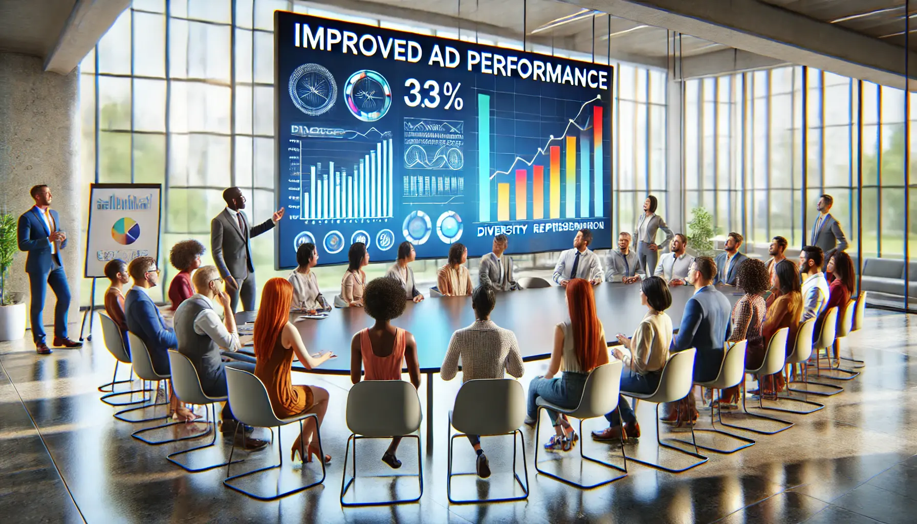 A diverse group of professionals discussing ad performance metrics displayed on a large digital screen.