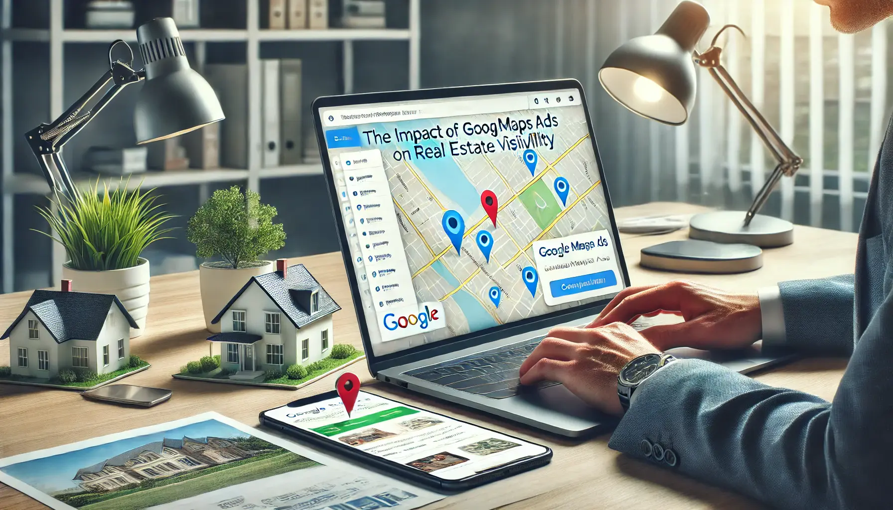 A real estate agent reviewing a Google Maps ad campaign on a laptop, showing a map with marked property locations.