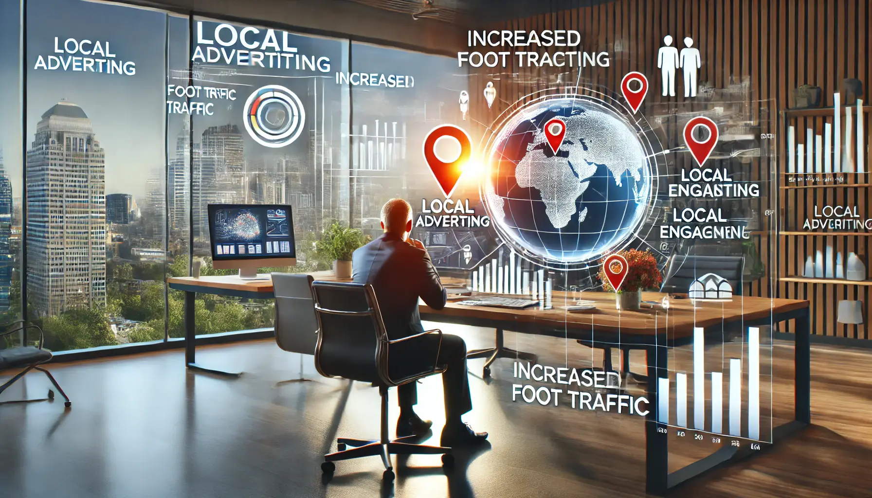 A business owner analyzing the growth and success of their business through local advertising, with graphs, sales data, and a map highlighting local reach.