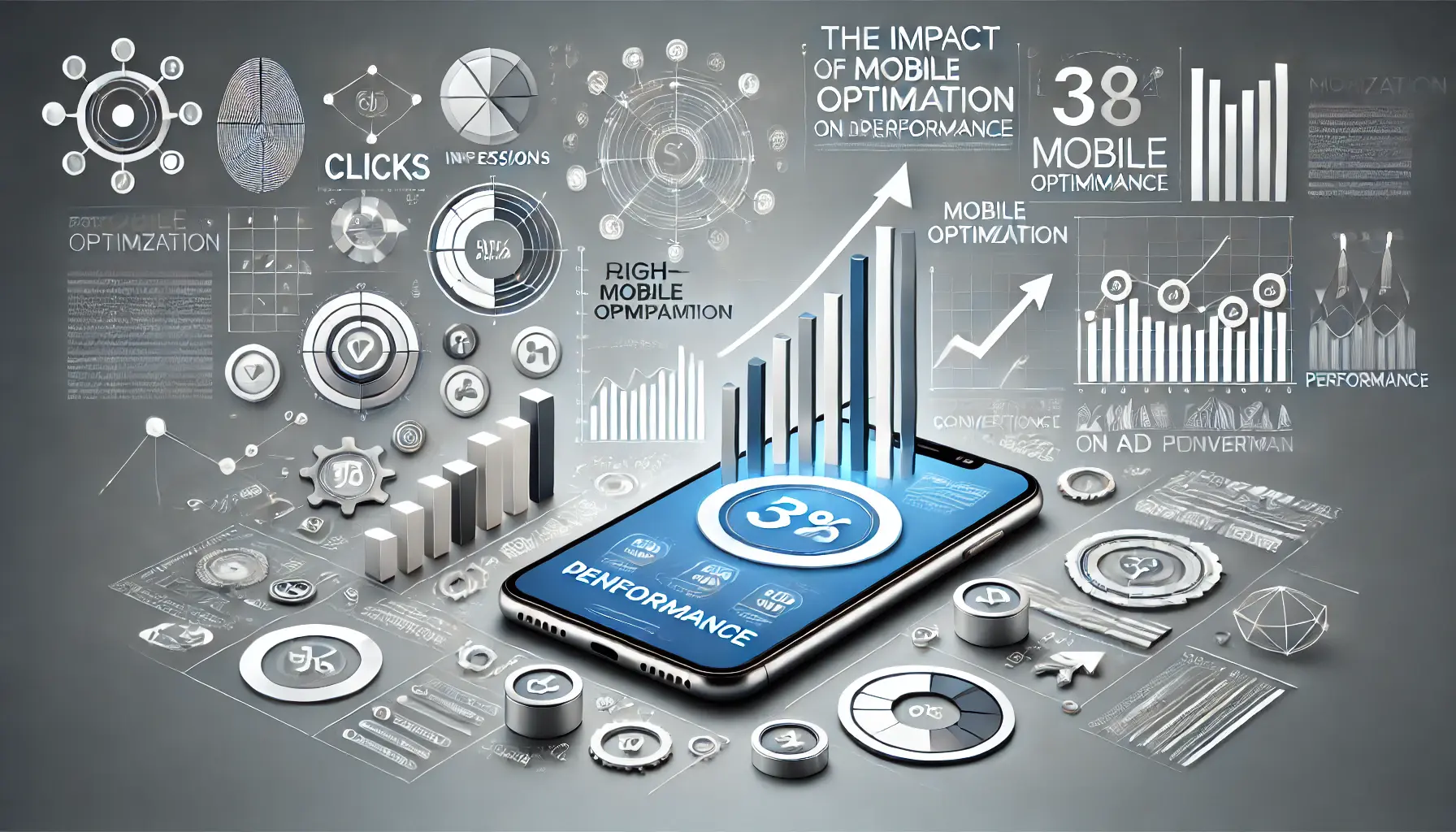 A smartphone displaying an ad performance dashboard surrounded by symbols of growth and user engagement.