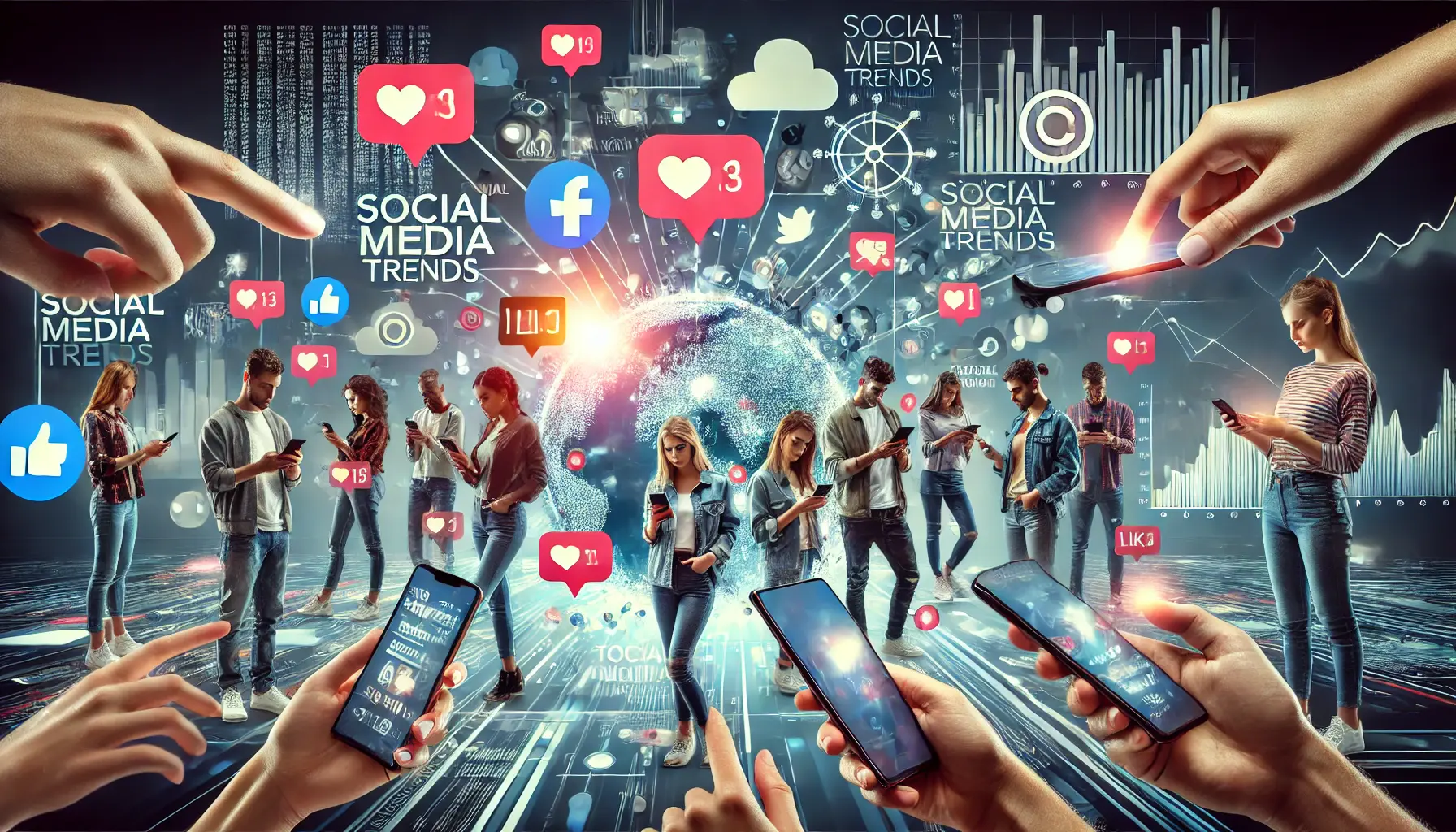 A group of diverse users interacting with mobile devices, engaging with viral content, and surrounded by floating social media icons such as likes, comments, and shares.