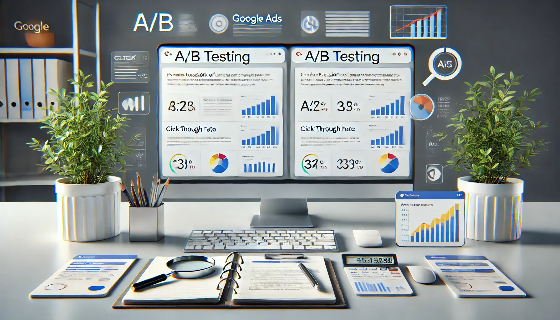 Two computer screens displaying different versions of ads with performance metrics, surrounded by analysis tools like a notepad and magnifying glass.