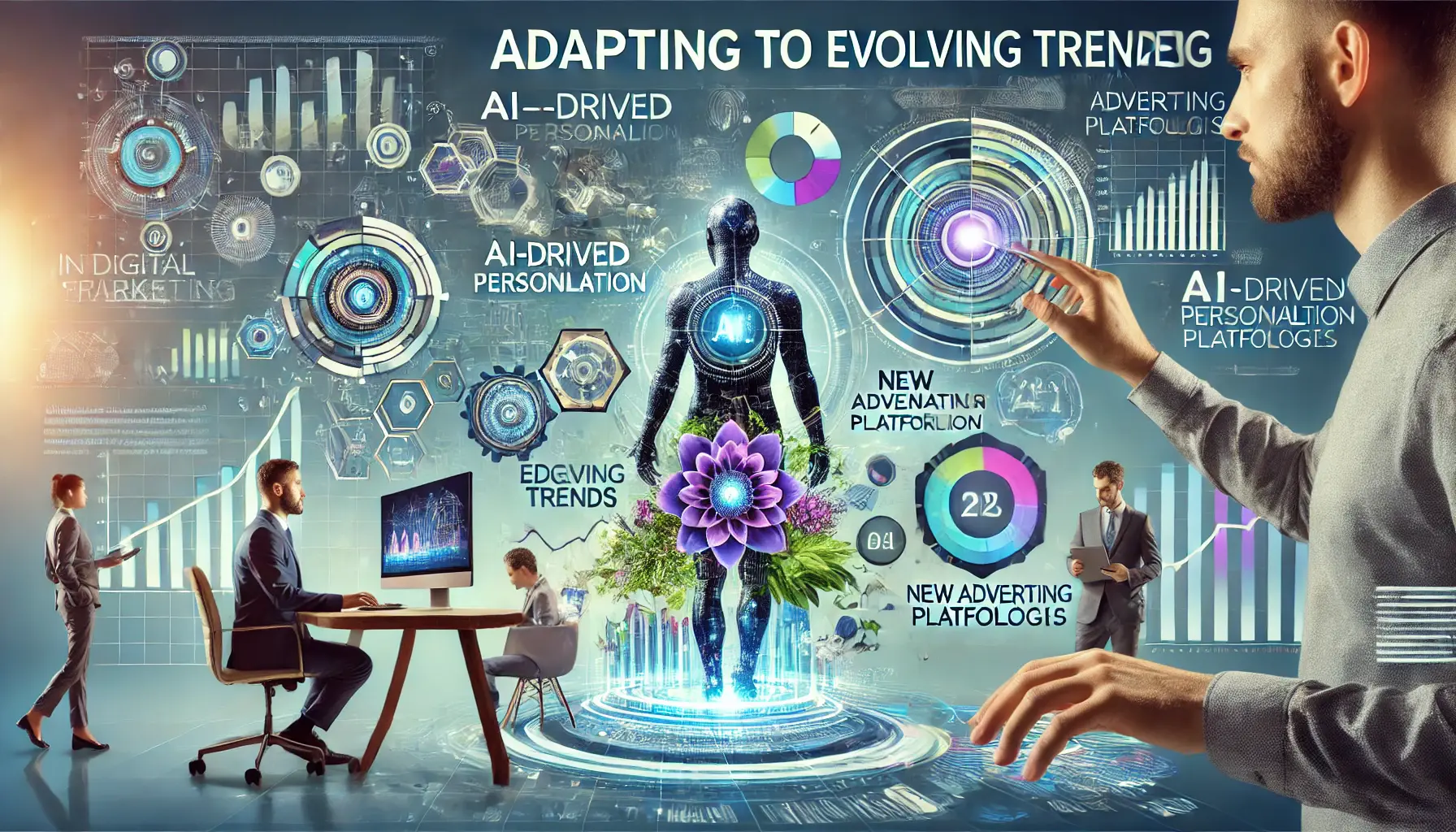 An image illustrating the importance of adapting to evolving trends in digital marketing, with a team analyzing AI-driven personalization and new technologies.