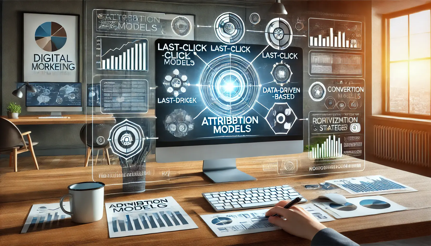 A modern digital marketing workspace displaying various attribution models, such as last-click, data-driven, and position-based, with performance metrics.