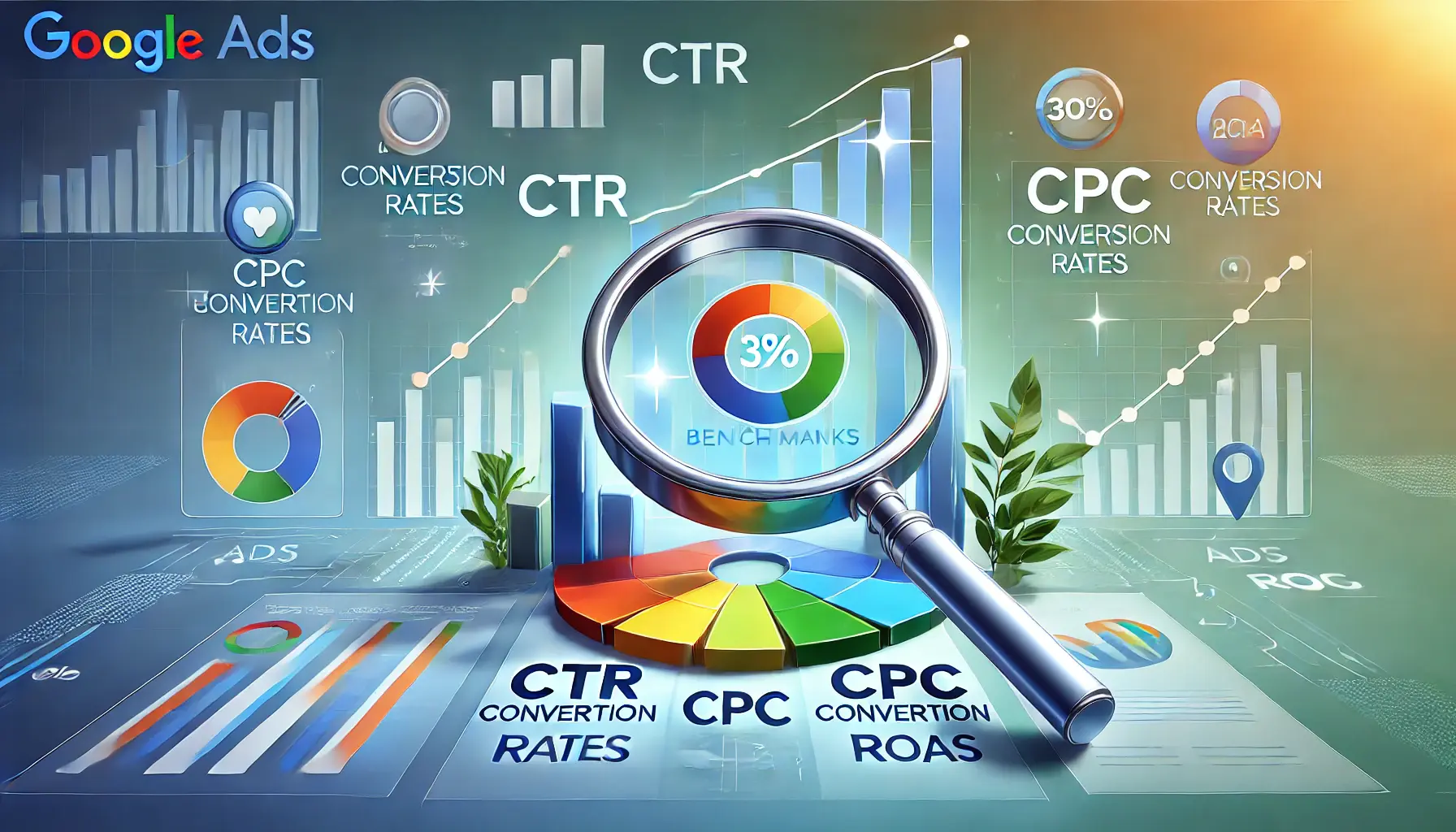 Magnifying glass focusing on metrics icons like CTR, CPC, Conversion Rates, and ROAS, surrounded by a comparison chart.