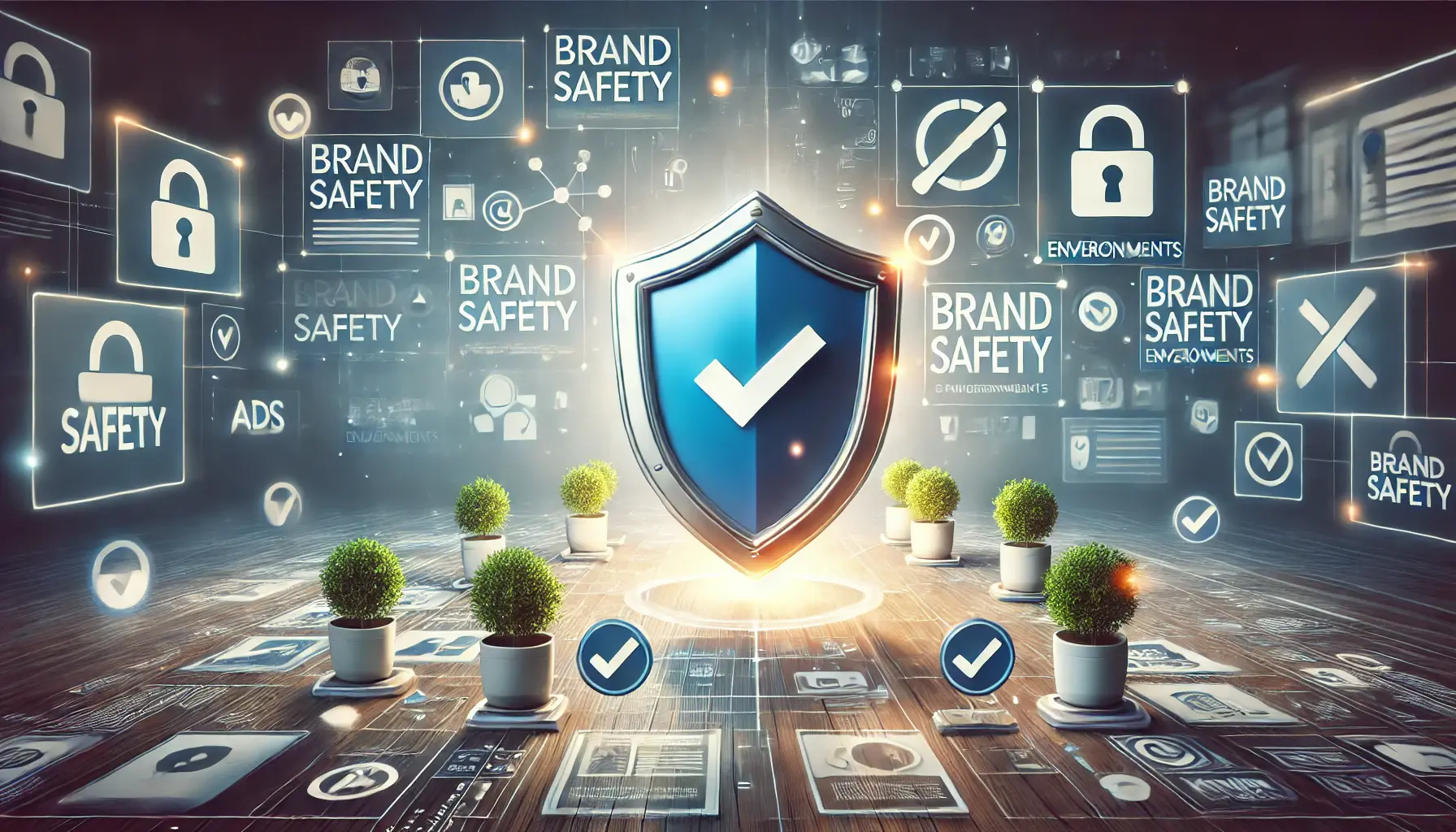 An image illustrating the importance of brand safety, showing a protective shield with digital ads placed in safe, trusted environments.