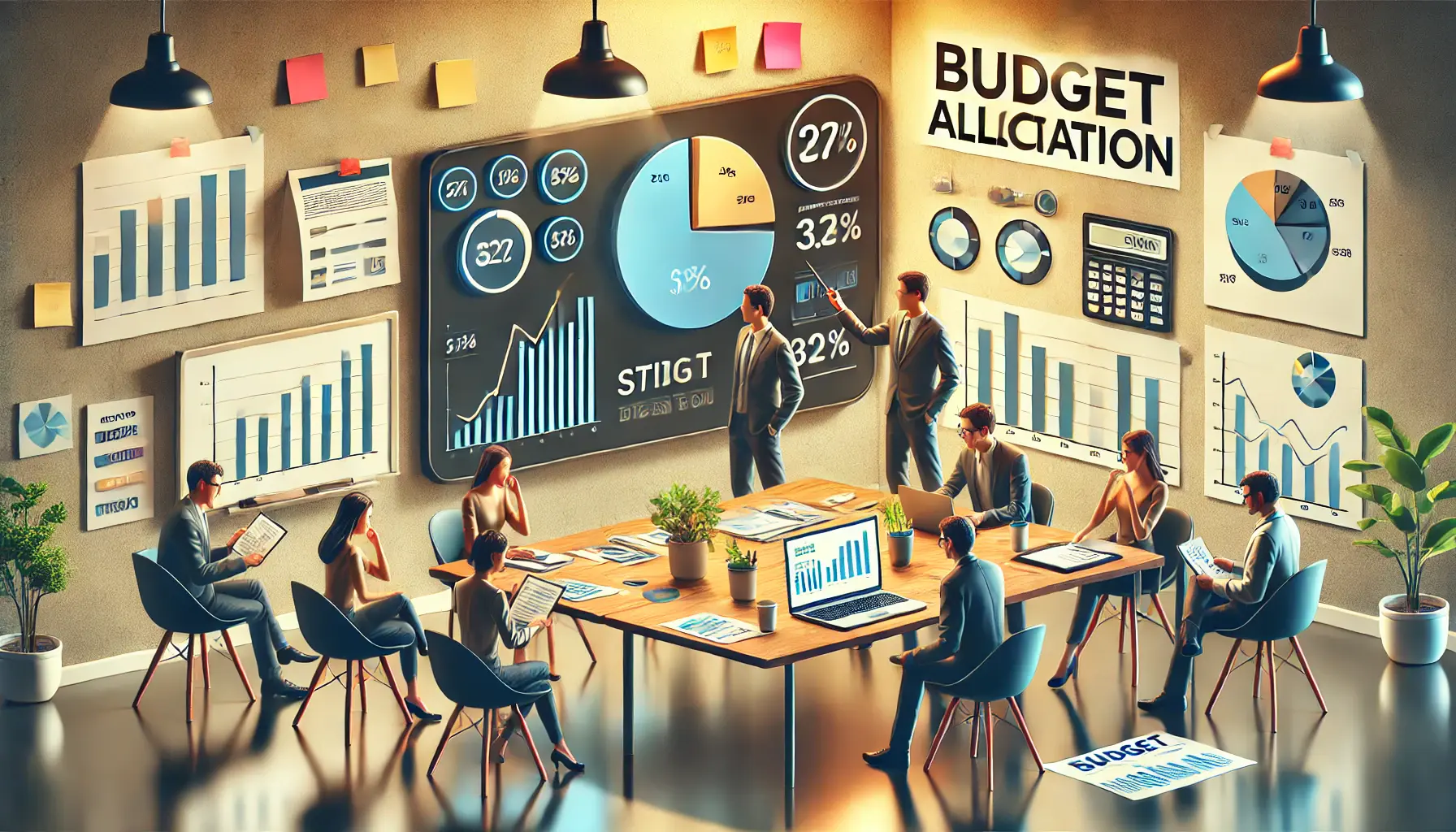 A team of professionals discussing budget allocation with graphs and charts in a modern office setting, focusing on strategic financial planning.