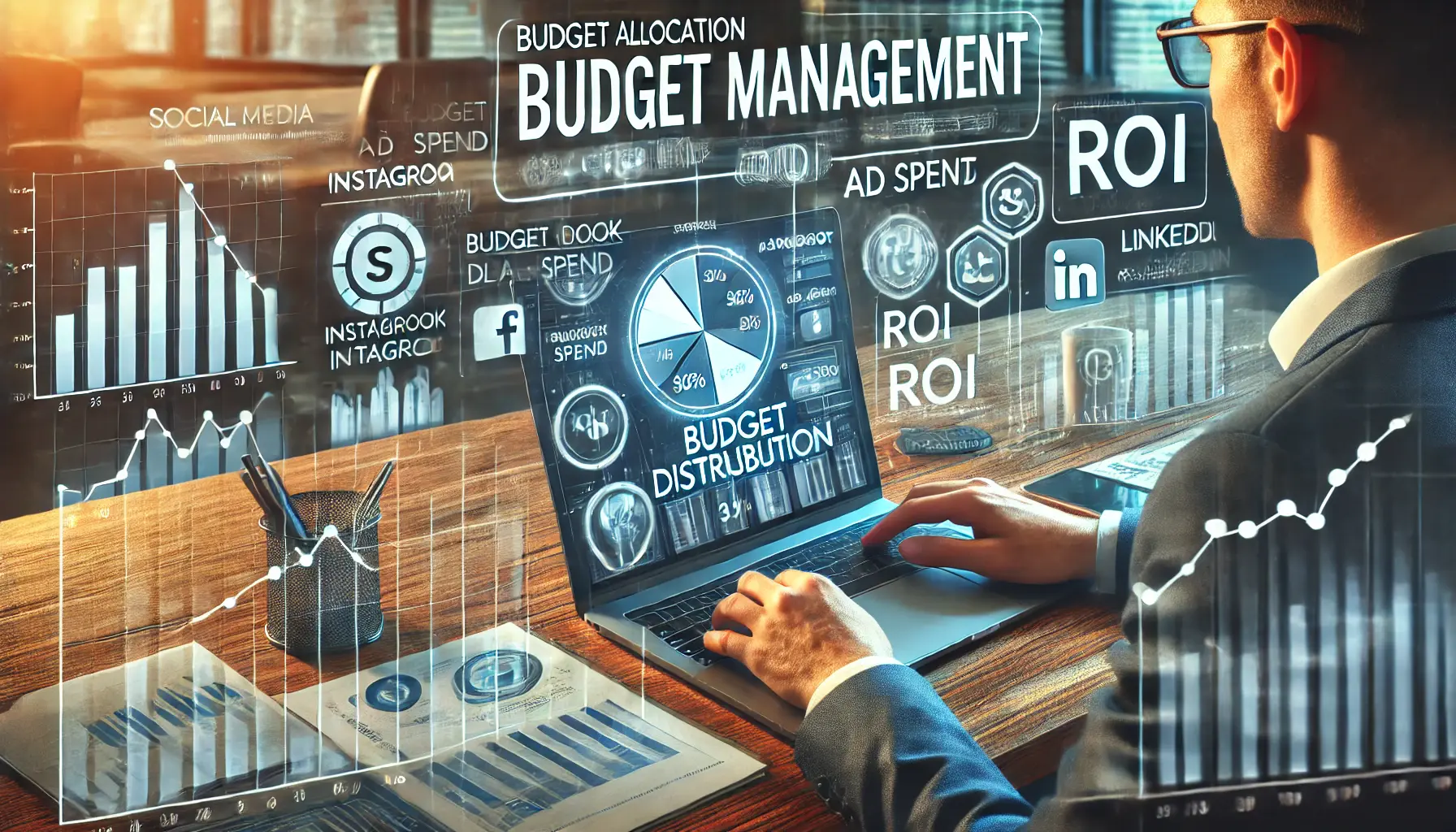 A digital illustration of a business workspace with a laptop displaying a financial dashboard showcasing ad spend, budget distribution, and ROI. A marketing professional is analyzing data, with floating graphical elements like budget allocation pie charts, trend lines, and performance metrics for Facebook, Instagram, LinkedIn, and Twitter.