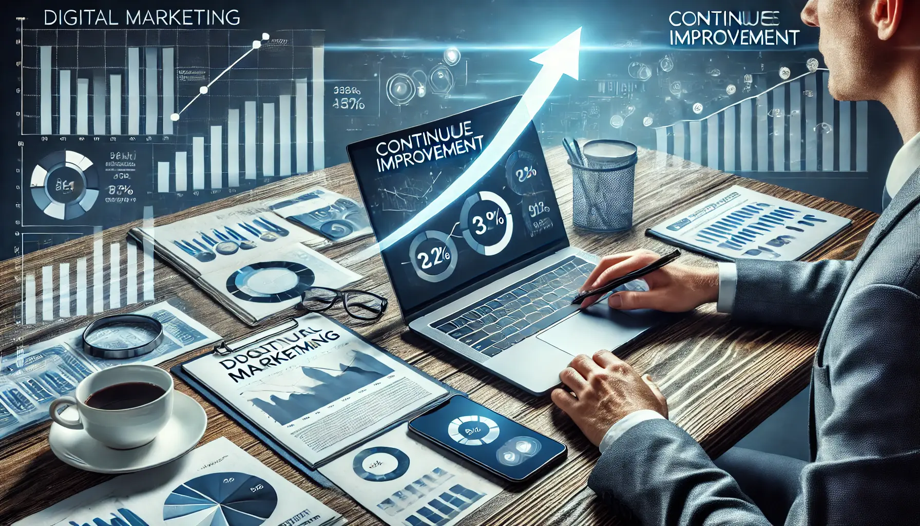 A digital marketing professional analyzing performance data on a laptop, with charts and graphs showing ongoing improvements.