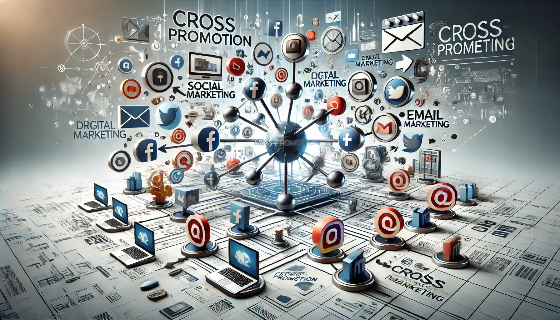 An image showing interconnected digital marketing tools like social media icons, websites, and email campaigns, symbolizing the importance of cross-promotion.