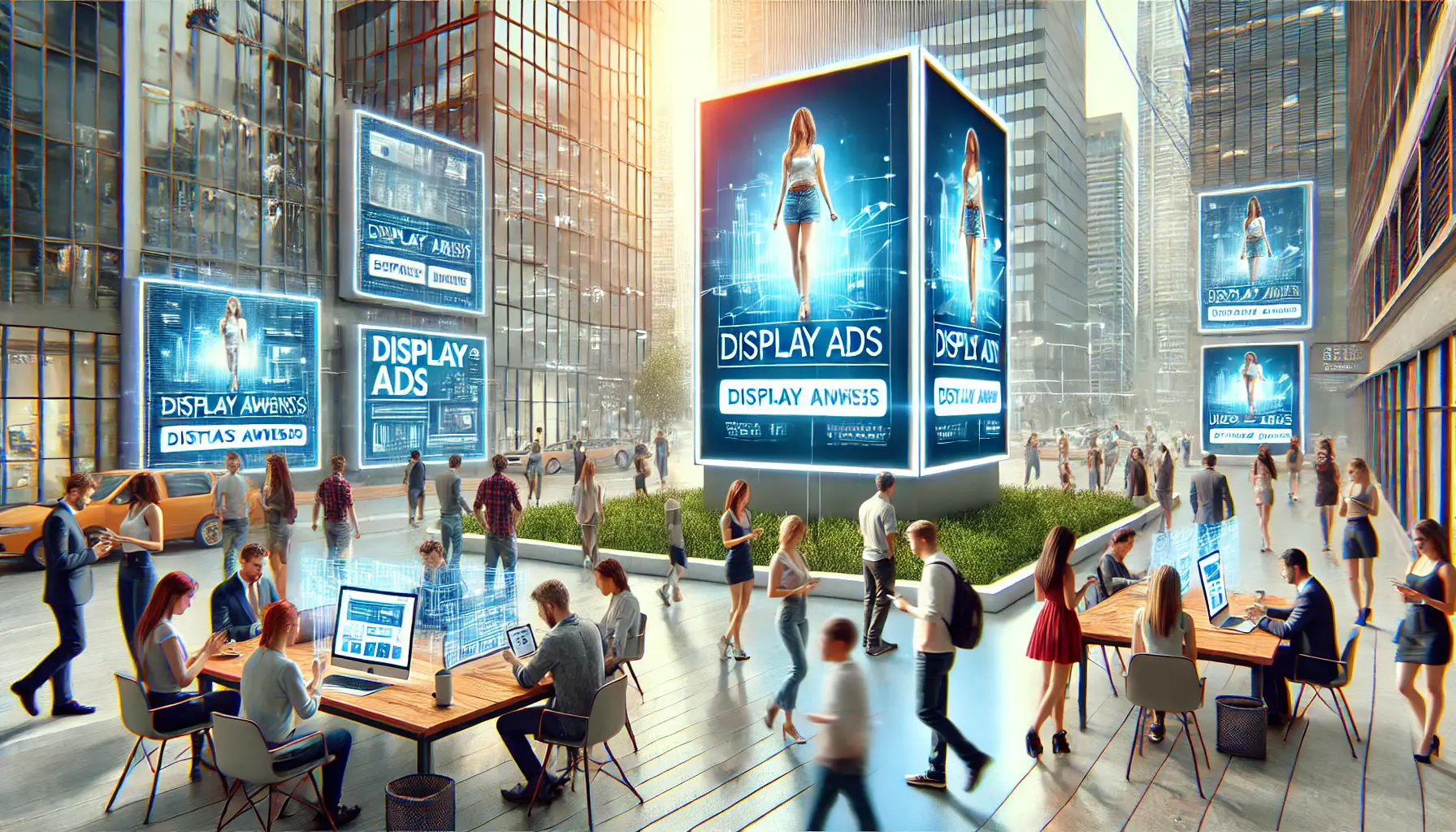 A large digital billboard displaying an advertisement with people walking by, while a marketing team monitors the ad's effectiveness on multiple devices.