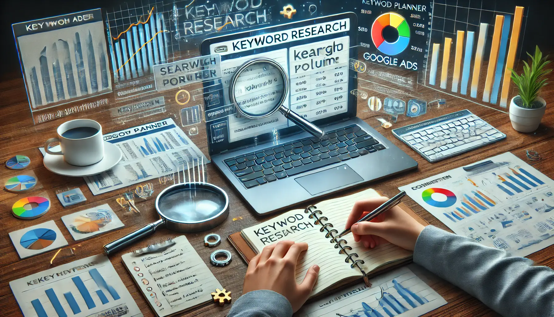 A digital marketer using a keyword planner tool on a laptop, surrounded by handwritten keyword notes, graphs, and a magnifying glass.