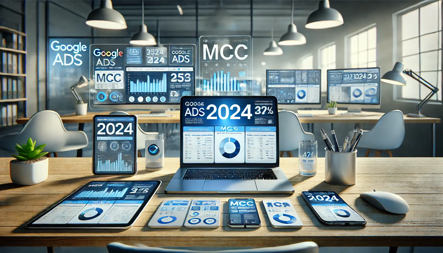 A professional workspace with a laptop displaying MCC dashboard insights, accompanied by devices showing real-time campaign data.