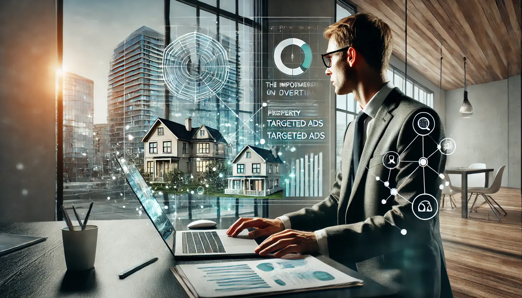 A modern real estate agent working on a laptop with virtual property listings and digital marketing analytics in a sleek office.