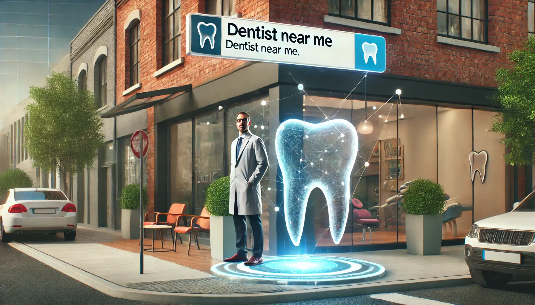 A modern dental clinic in an urban setting with a dentist standing outside, representing online visibility.