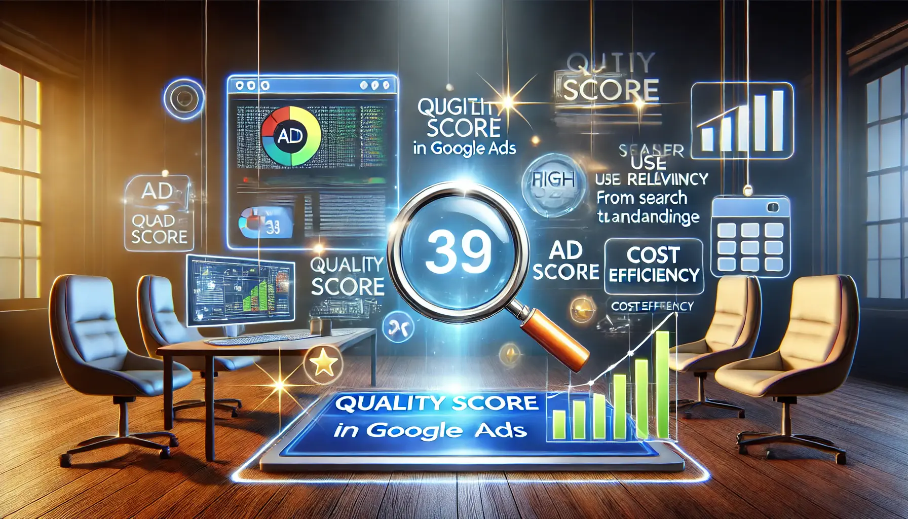 Illustration depicting a conceptual representation of digital ad performance with a glowing dashboard, charts, and ad analytics.