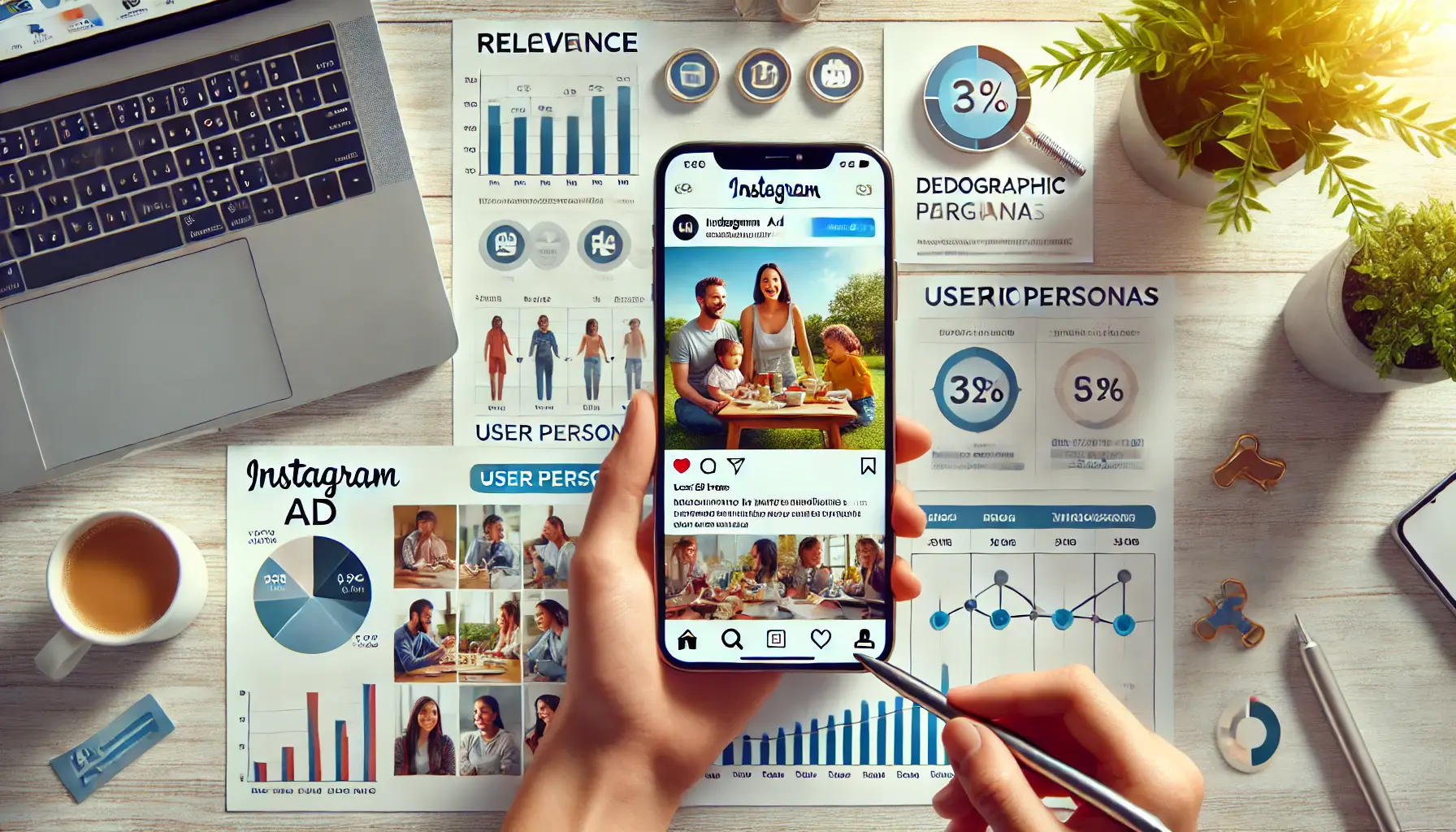 A smartphone displaying a personalized Instagram ad surrounded by demographic charts, user personas, and a laptop with analytics, symbolizing relevance to the target audience.