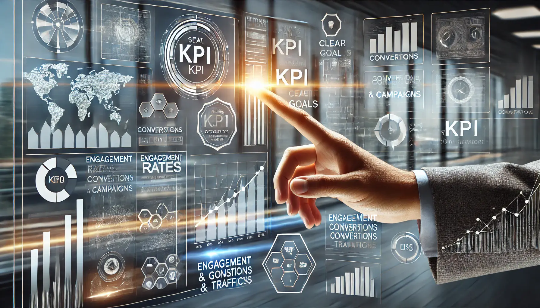 Image showing a digital dashboard with charts and metrics, with a hand pointing at a specific KPI.