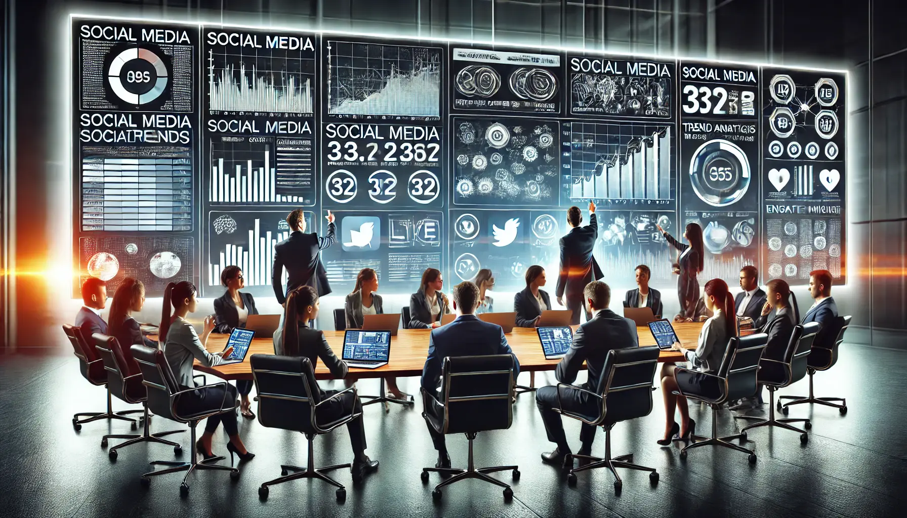 A modern business team analyzing social media trends in a high-tech office, with digital screens displaying live analytics, trend graphs, and engagement metrics.