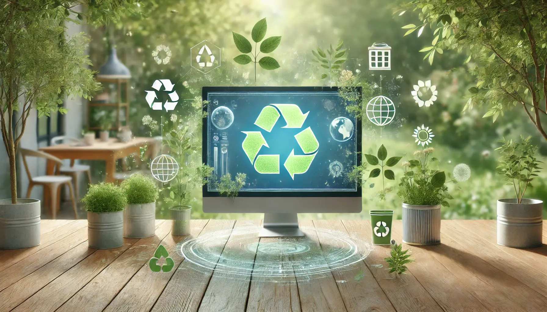 A digital advertising screen surrounded by eco-friendly symbols like plants, renewable energy icons, and a green environment, blending technology and nature.