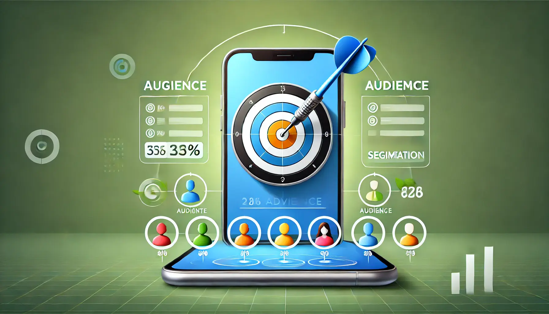 An image showing precise audience targeting with a dartboard, segmentation graphics, and a mobile device symbolizing effective app advertising.