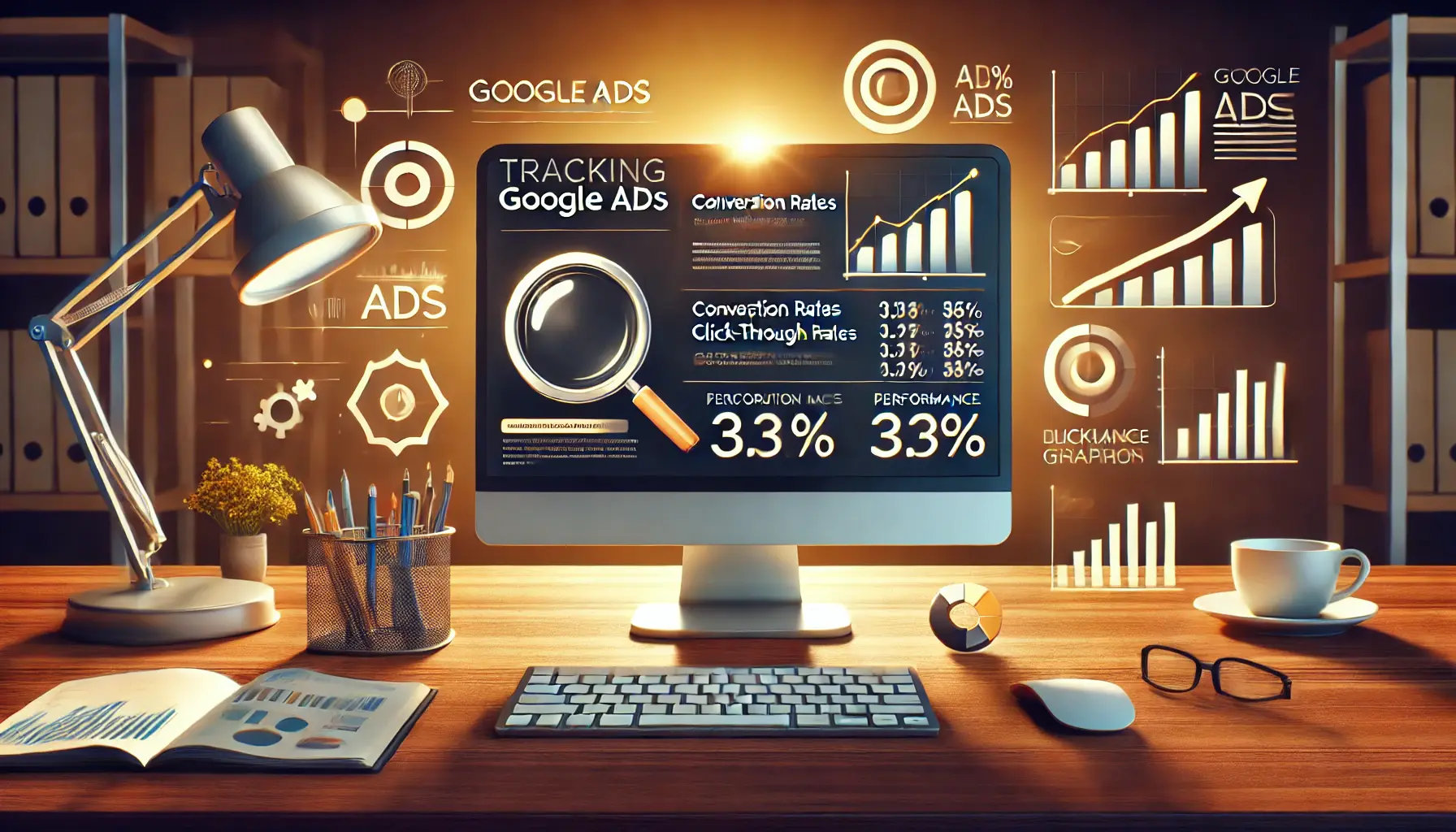 A digital workspace showcasing a computer monitor with analytics dashboards and icons representing tracking and optimization of metrics.