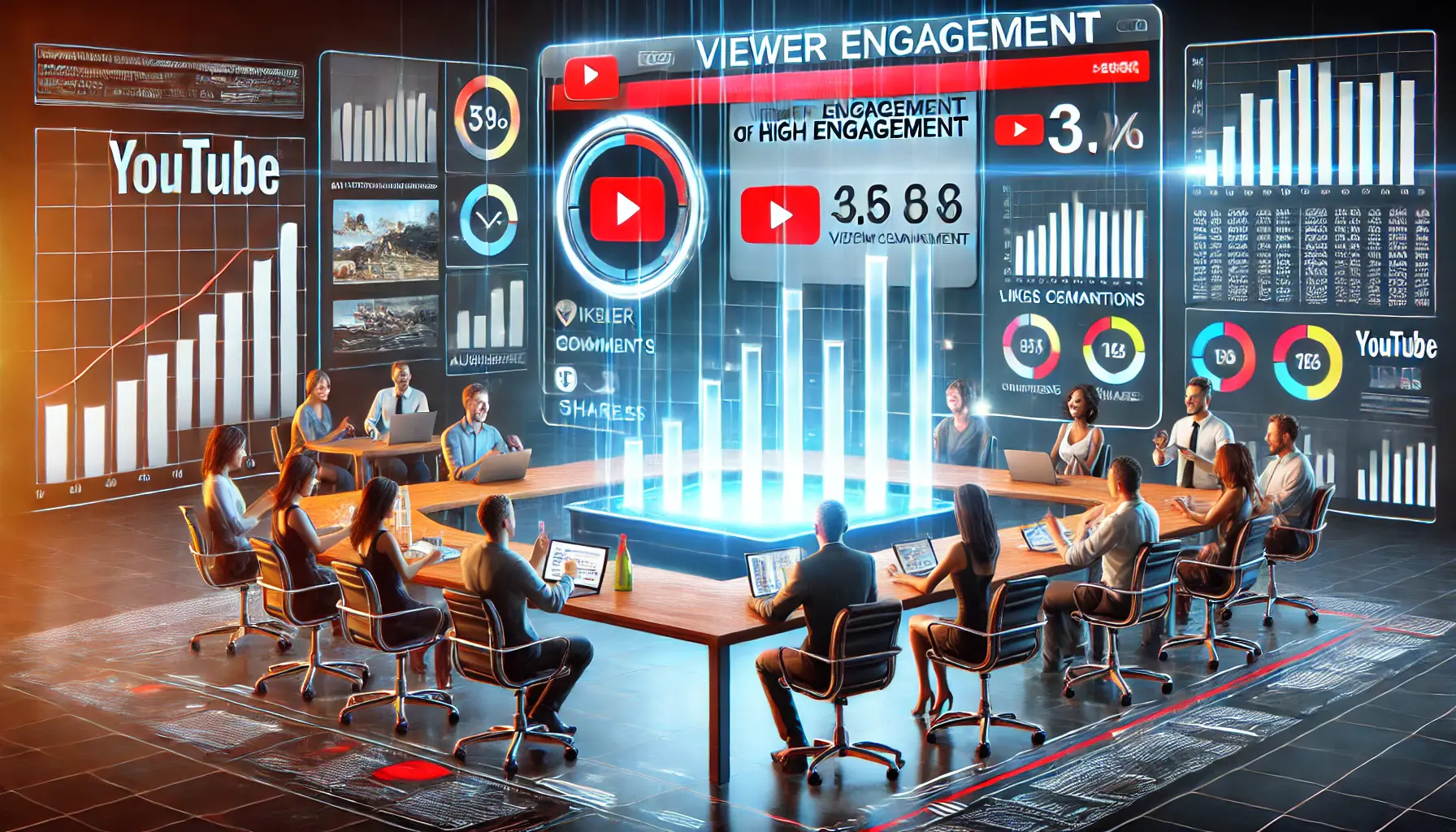 An illustration showing a YouTube video player with active viewer interaction, such as likes, comments, and shares, along with growing engagement graphs.