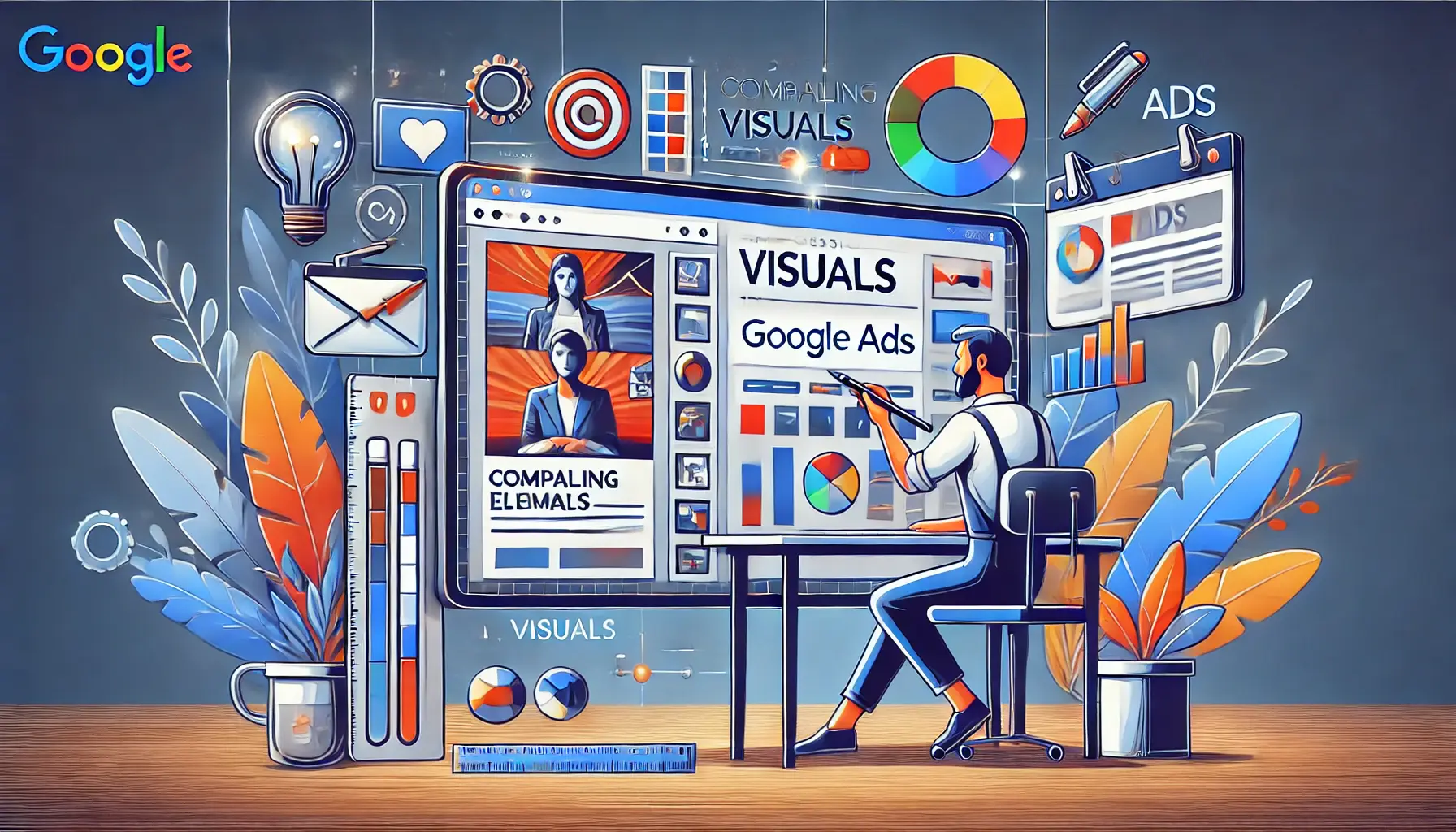 An illustration of a marketer working on ad creatives, adding high-quality images, videos, and graphics to a Google Ads campaign.