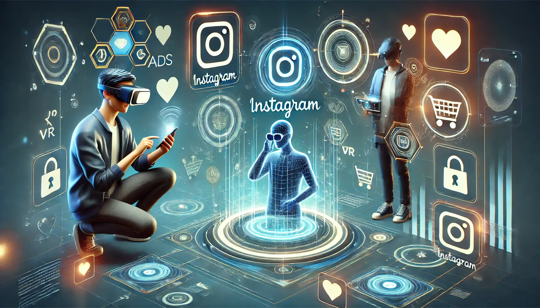 Illustration of a person wearing VR glasses interacting with a 3D holographic Instagram ad, while another person views an AR product ad on a smartphone, surrounded by icons of virtual objects.