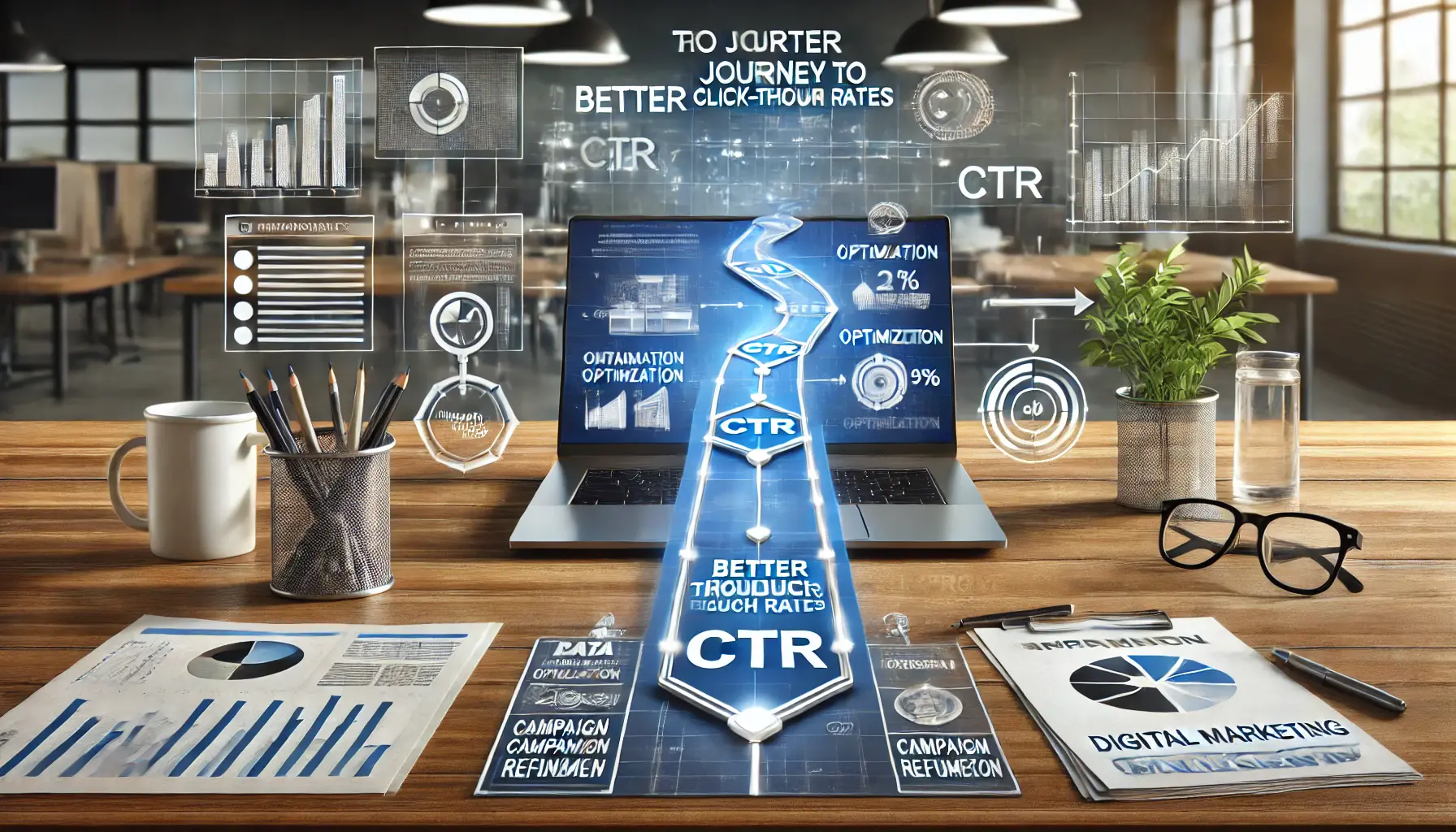 A realistic image of a laptop displaying a roadmap with milestones representing stages of improving click-through rates, such as data analysis and optimization.