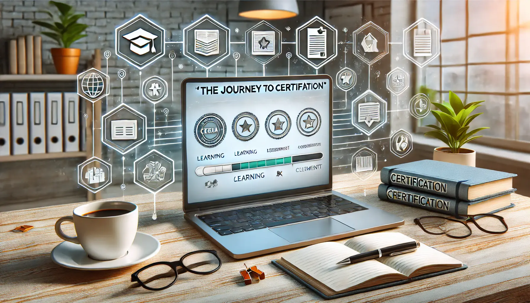 A professional workspace with a laptop displaying a certification progress tracker, symbols of learning, assessment, and achievement.