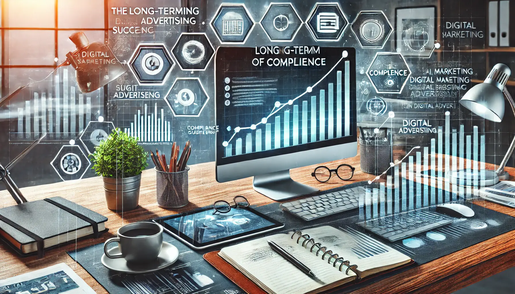 A digital marketing workspace with a computer displaying a graph showing upward trends in performance, surrounded by a notebook, tablet, coffee cup, and documents.