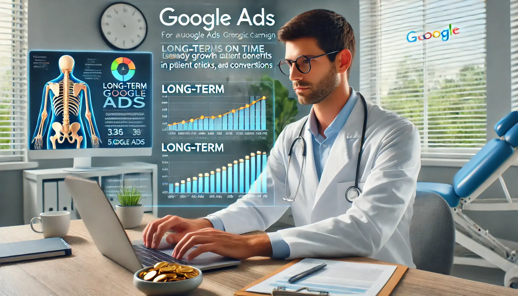 A chiropractor analyzing long-term Google Ads performance data on a laptop in a modern clinic.