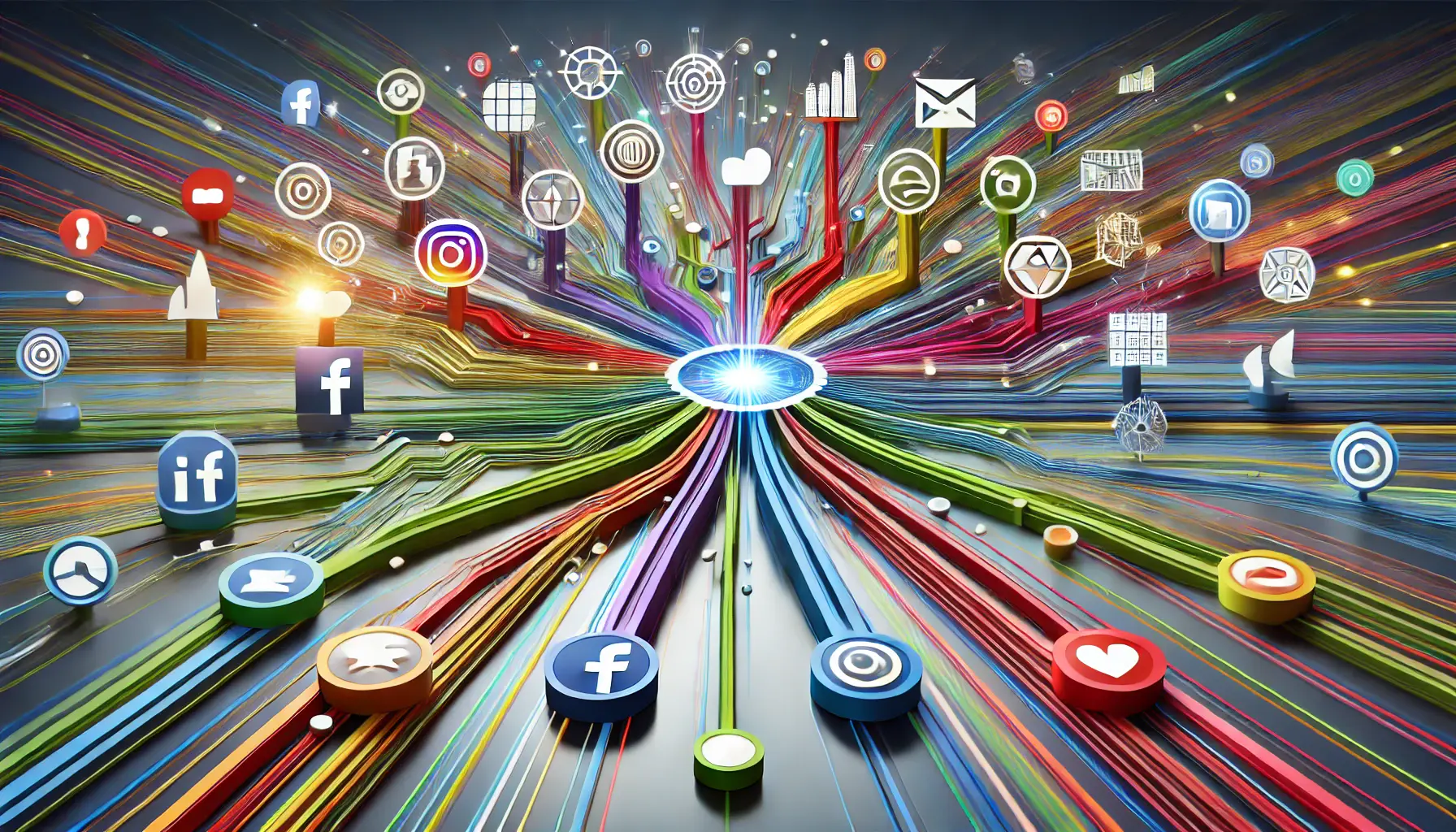 An abstract illustration showing interconnected pathways leading to a central hub, symbolizing diversification in digital advertising with colorful representations of social media, e-commerce, native ads, and search engines.