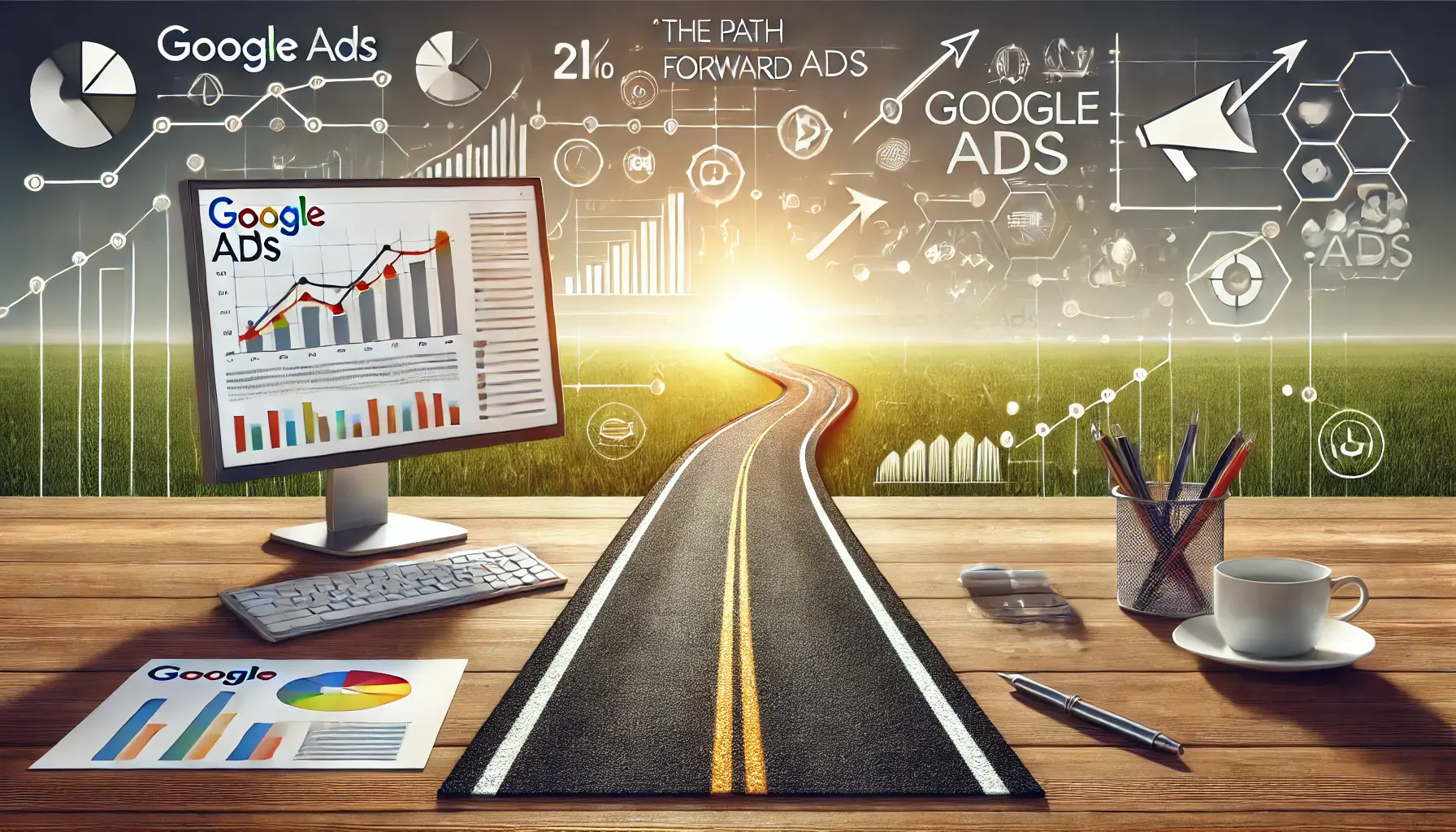 An illustration symbolizing 'The Path Forward' in Google Ads with a road leading toward a bright horizon, representing progress and optimization.