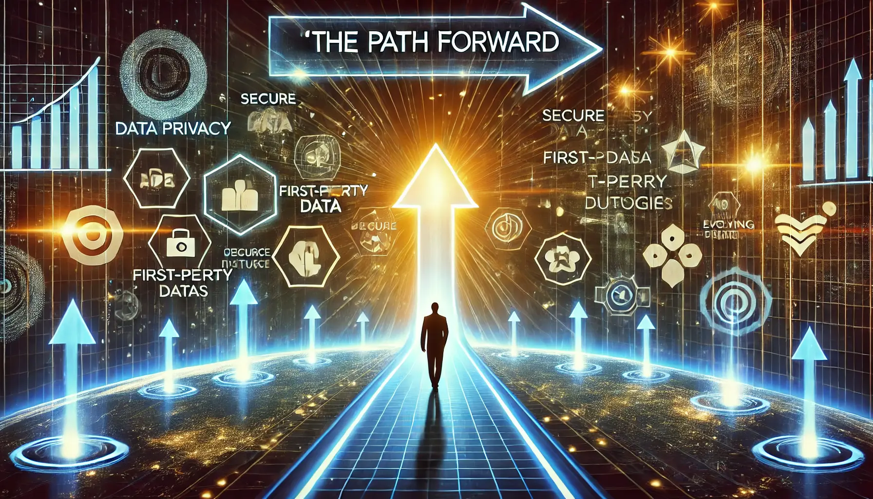 Digital artwork showing a digital marketer walking down a futuristic pathway surrounded by glowing icons representing data privacy, first-party data, and advertising technologies.