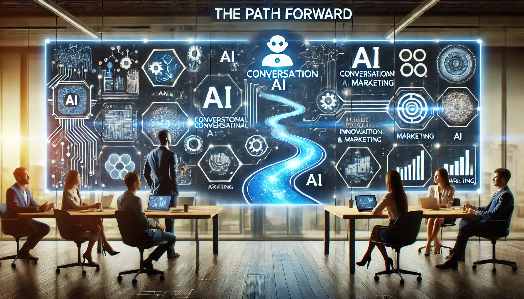 Professionals analyzing the future of AI-powered advertising, with a screen displaying a roadmap for innovations and opportunities in digital marketing.