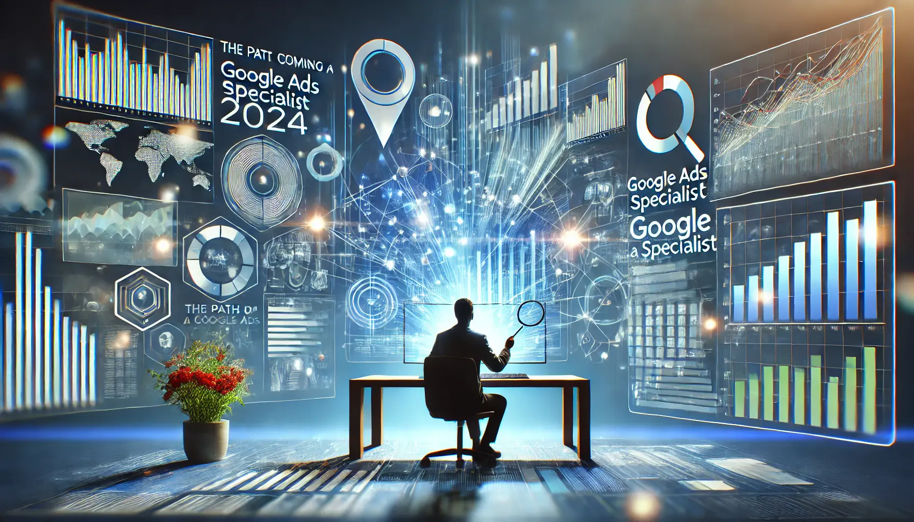 A futuristic scene depicting a person analyzing data on a digital interface with charts and graphs representing Google Ads tools, illuminated by blue and green lights.