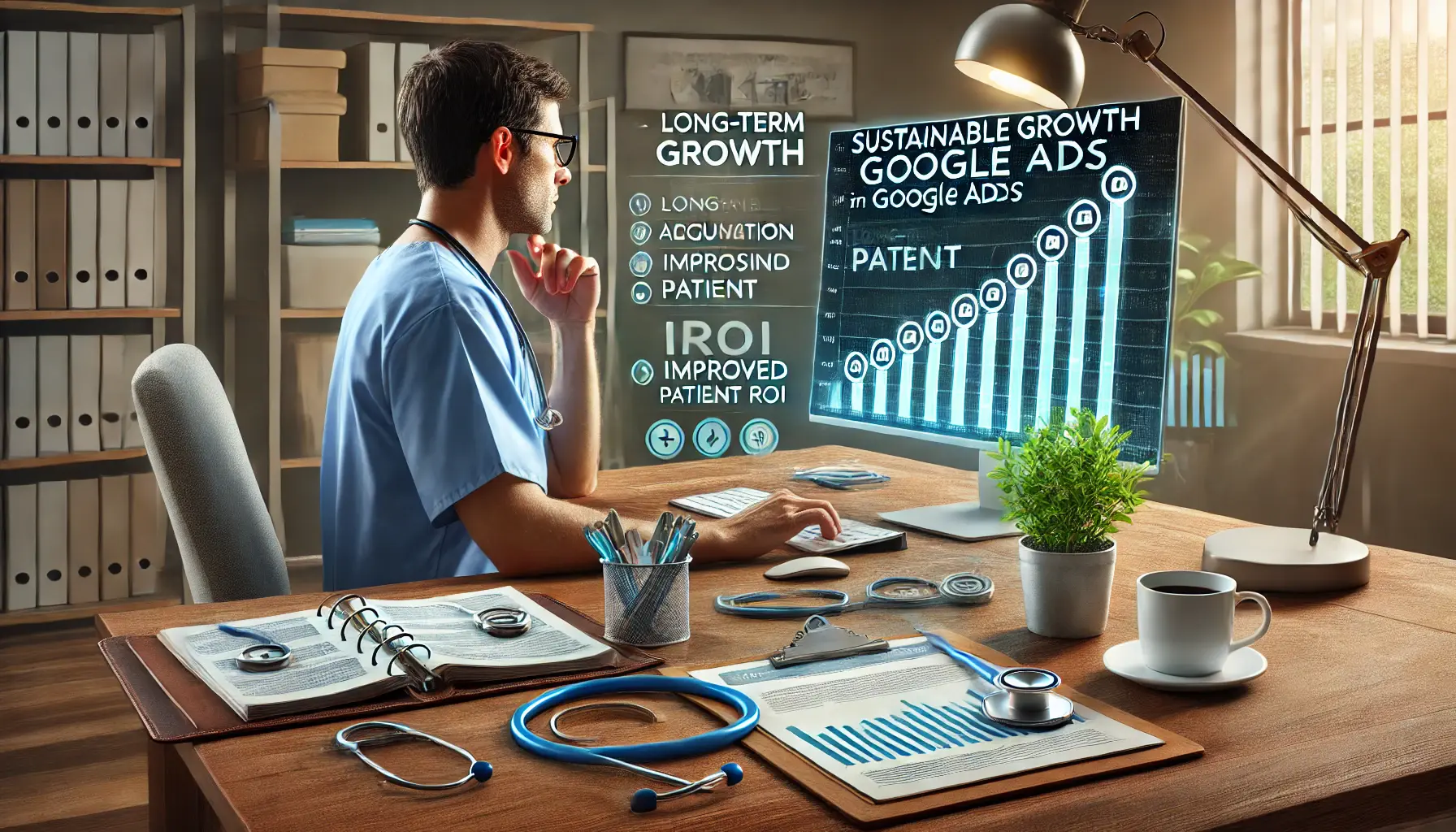 A healthcare marketer analyzing long-term growth data on a computer screen, with medical tools and patient files on the desk.